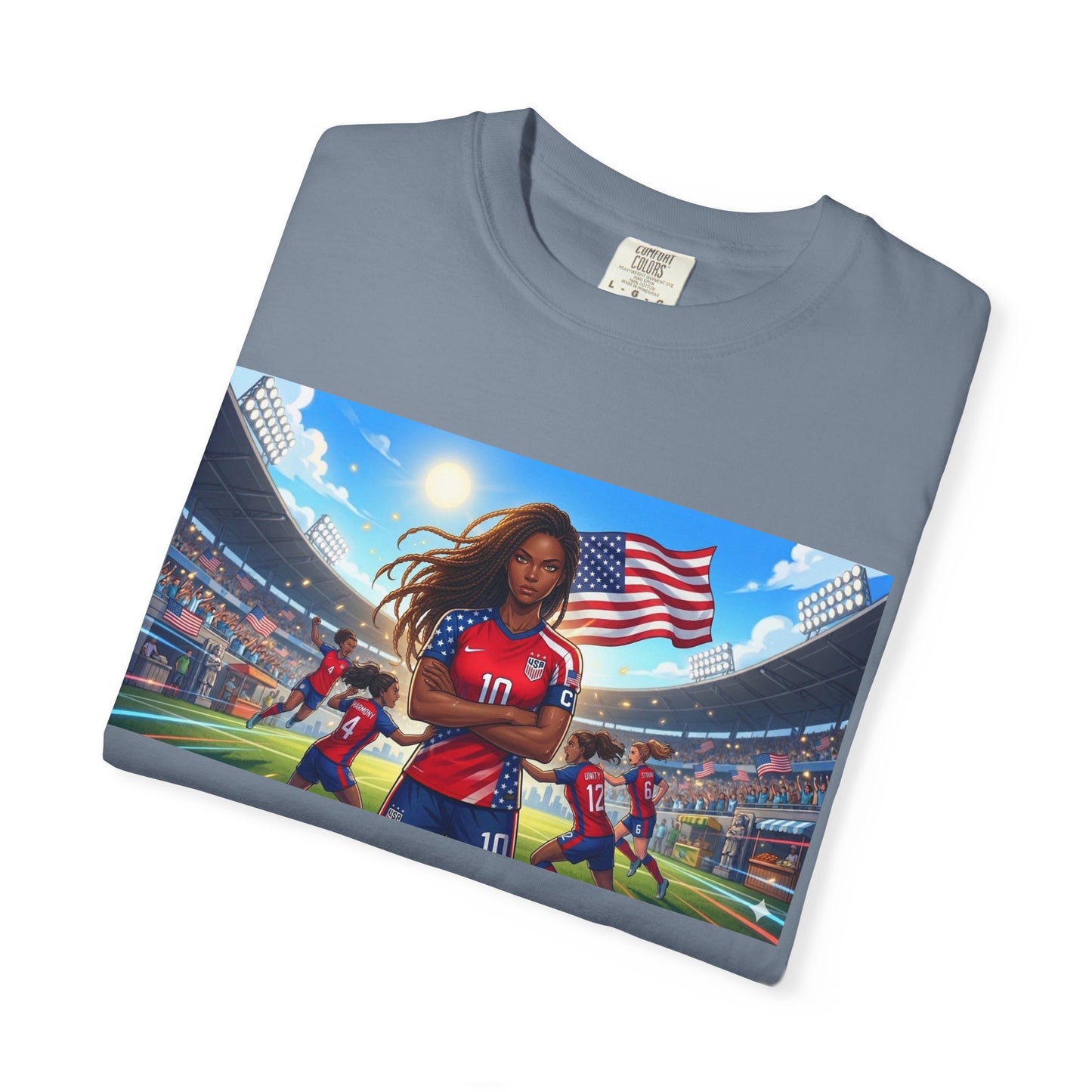 Soccer Mom USA T-Shirt — Female Soccer Player with American Flag Stadium Graphic