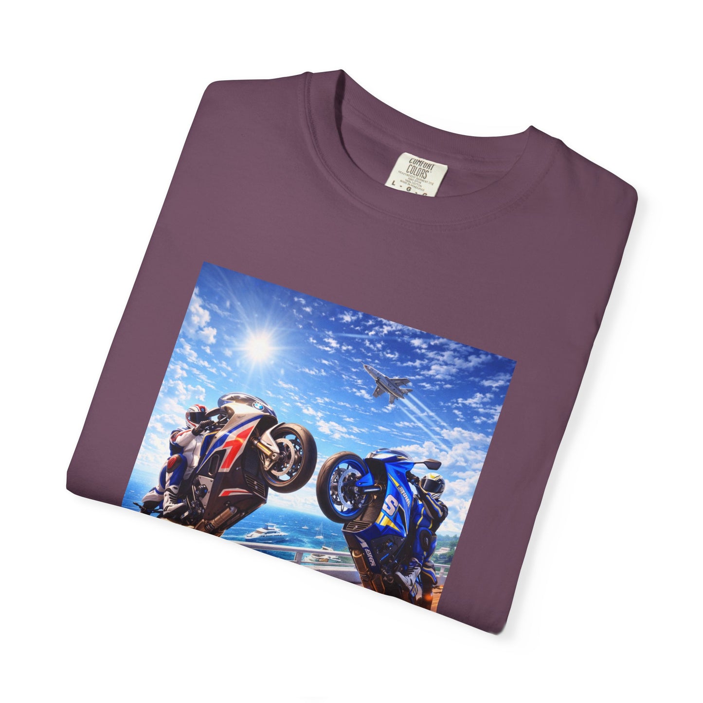 Stunt Riders Motorcycle T-Shirt — Two Bike Wheelie Racing Graphic Tee