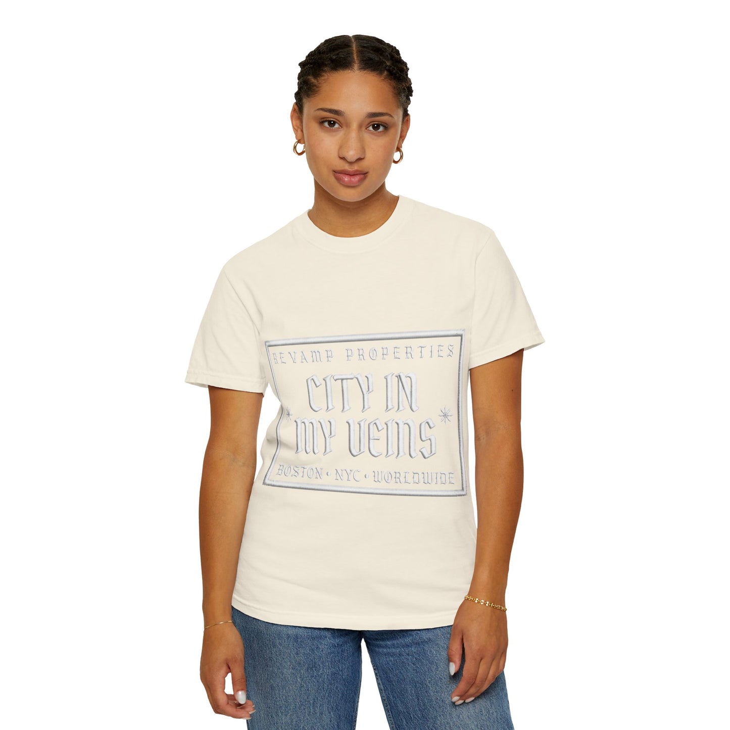 City In My Veins T‑Shirt — Vintage Cityscape Tee (Boston • NYC • Manchester)