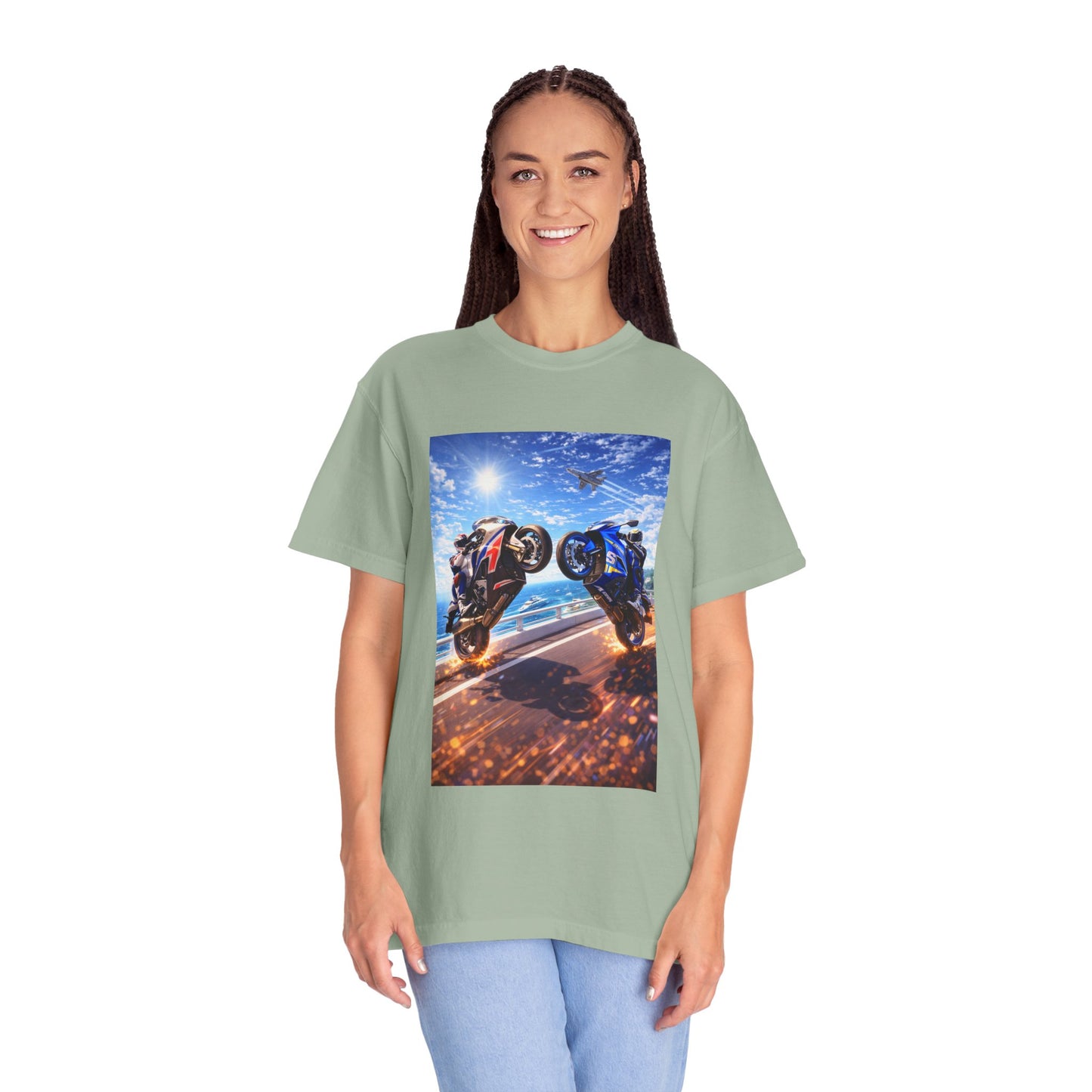 Stunt Riders Motorcycle T-Shirt — Two Bike Wheelie Racing Graphic Tee