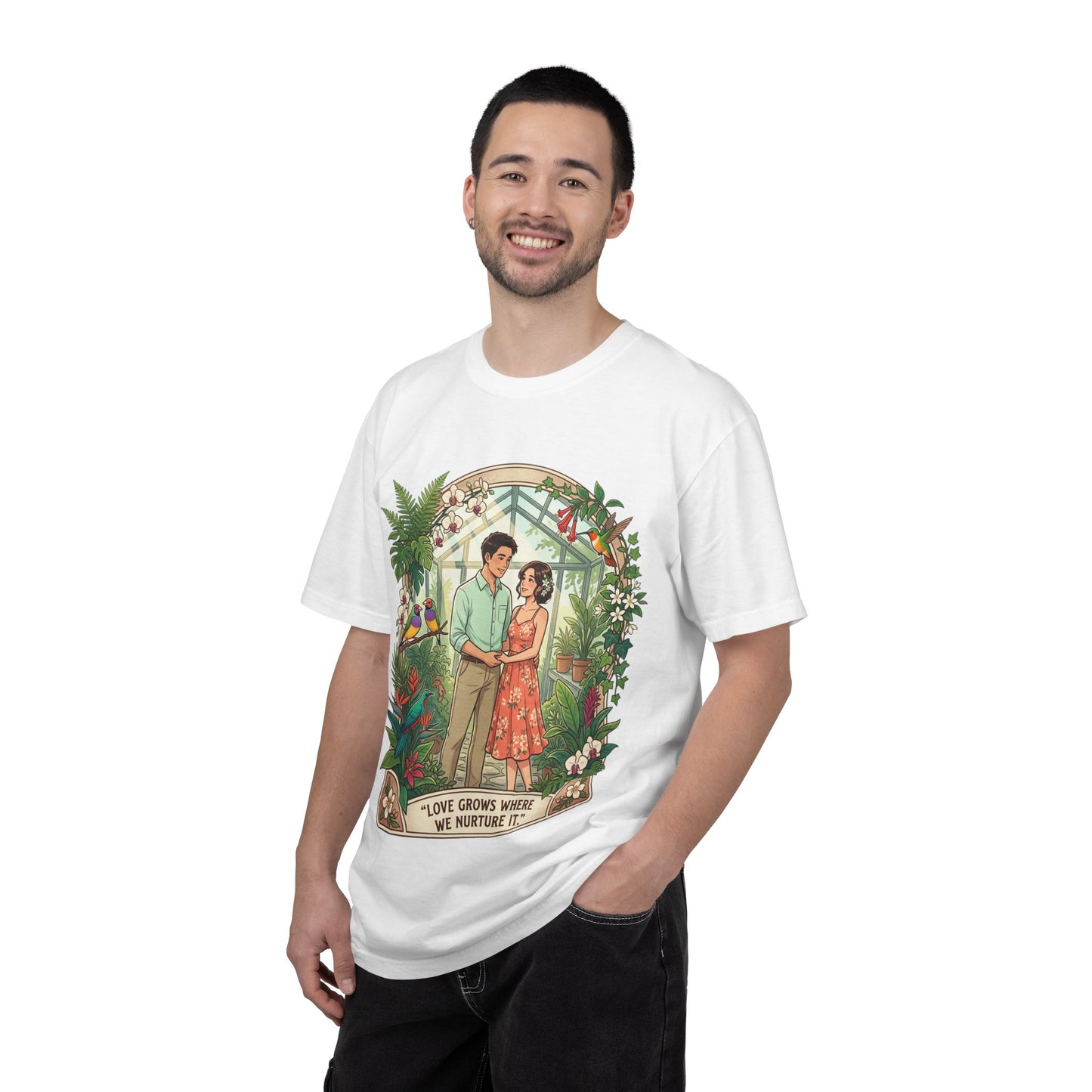Romantic Greenhouse Couples T-Shirt — “Love Grows Where We Nurture It”