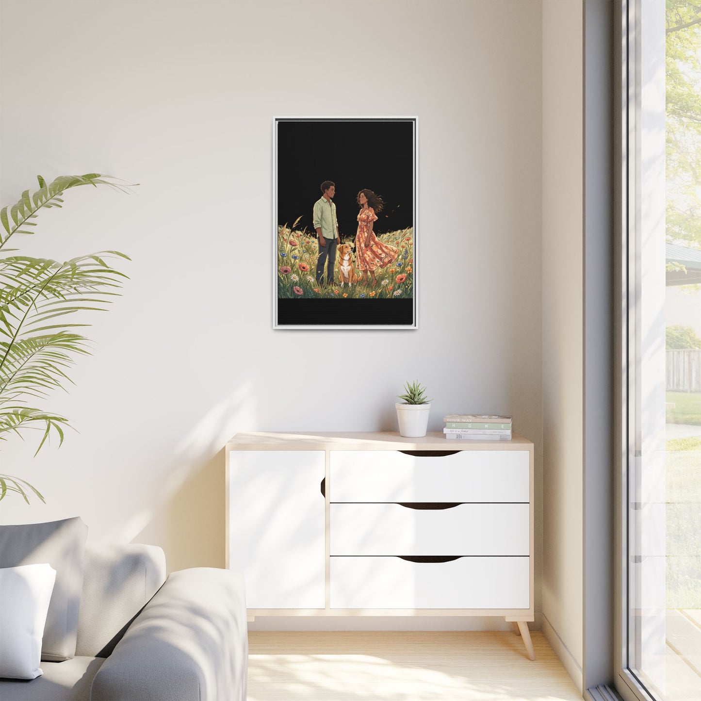 Framed Matte Canvas Print — Romantic Couple in Wildflower Field (Multi‑Color)