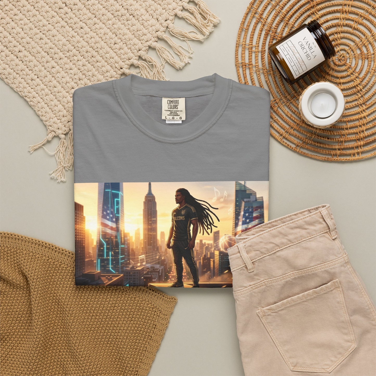 Cyberpunk Cityscape T-Shirt — Silhouette Hero at Sunset