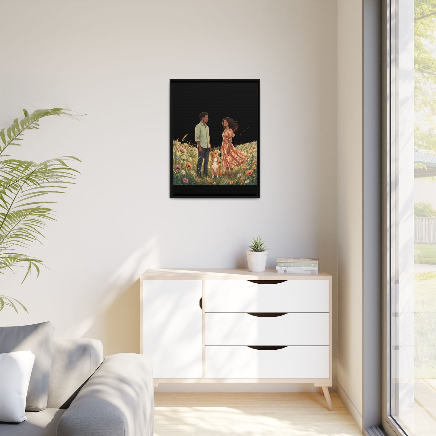 Framed Matte Canvas Print — Romantic Couple in Wildflower Field (Multi‑Color)