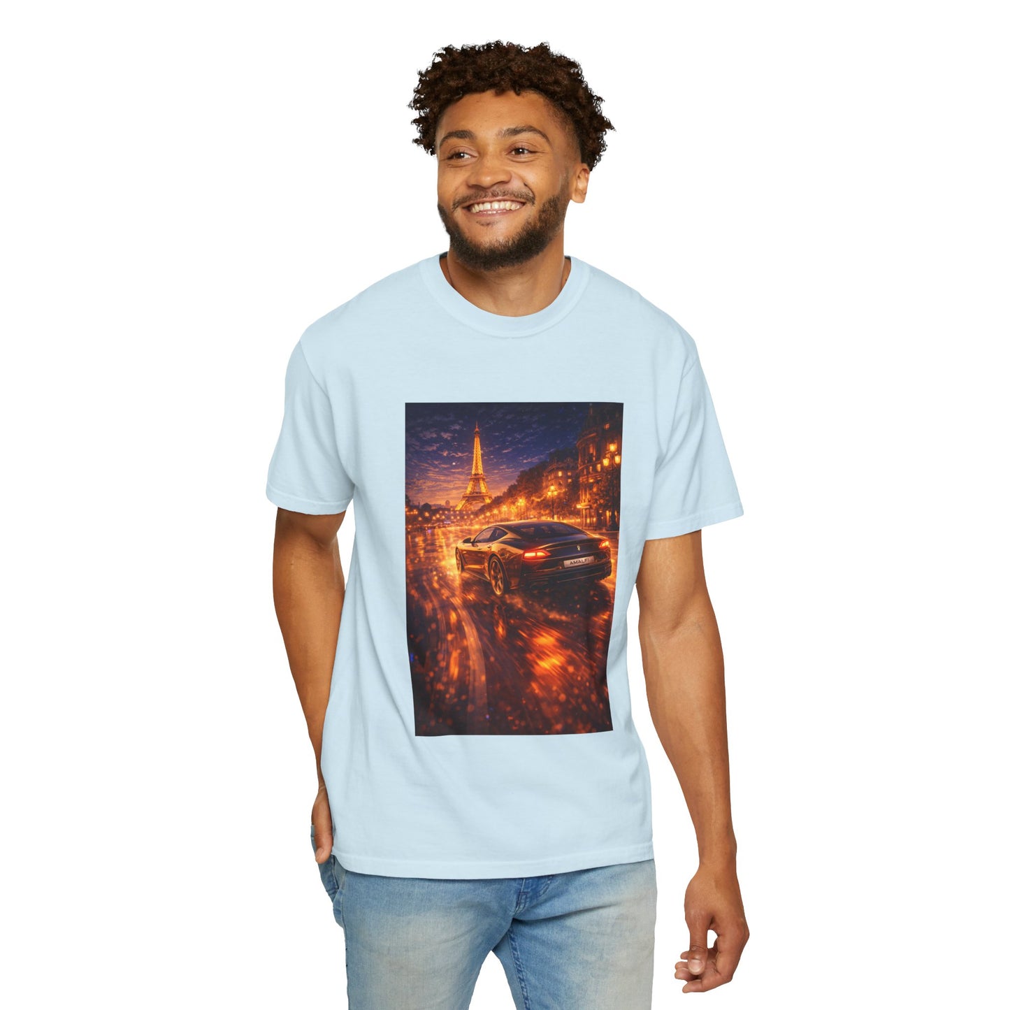 Paris Night Drive T-Shirt — Sports Car in Rainy Cityscape