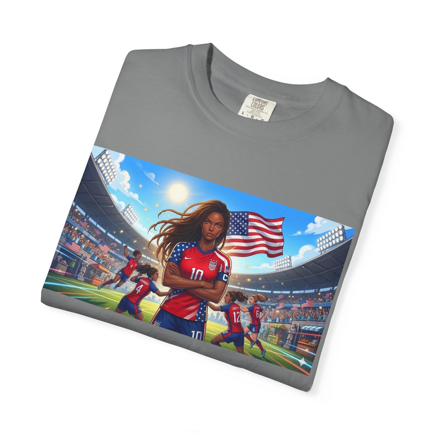 Soccer Mom USA T-Shirt — Female Soccer Player with American Flag Stadium Graphic