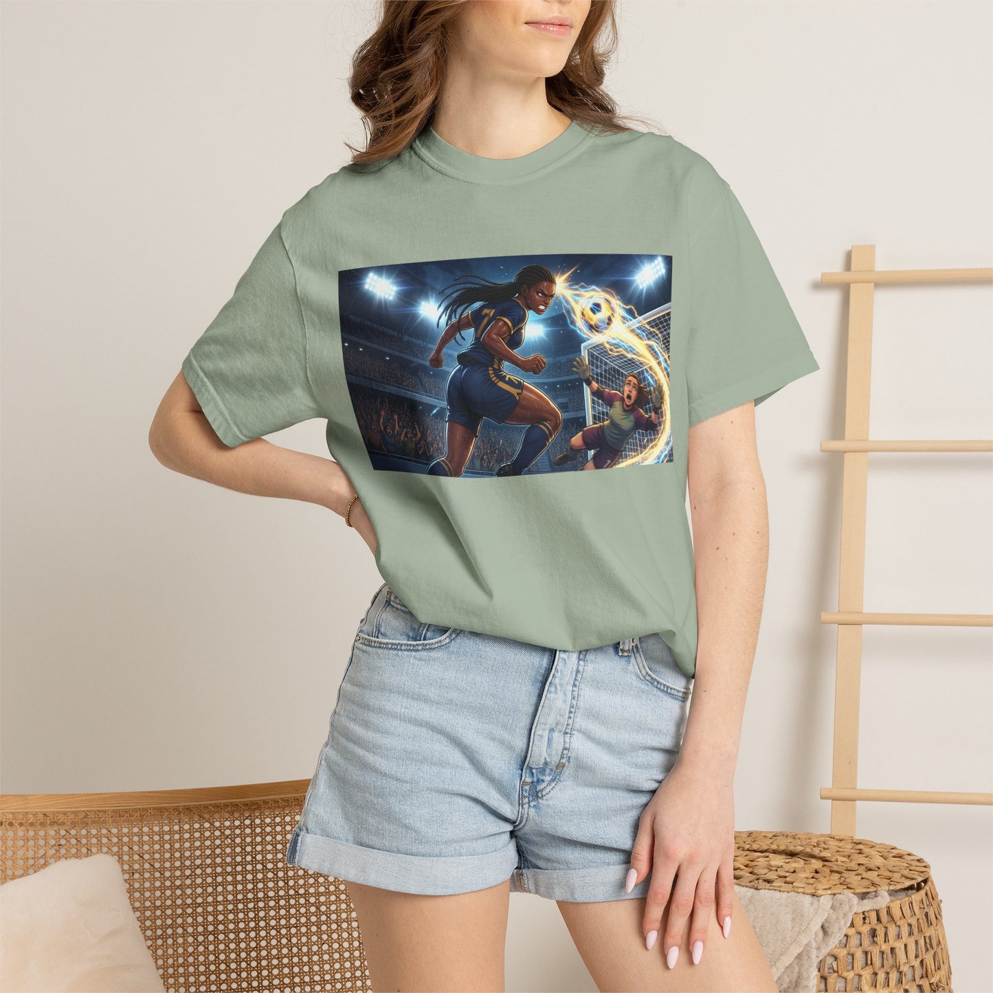Soccer Duel Graphic T-Shirt — Futuristic Goalkeeper vs Striker Stadium Print