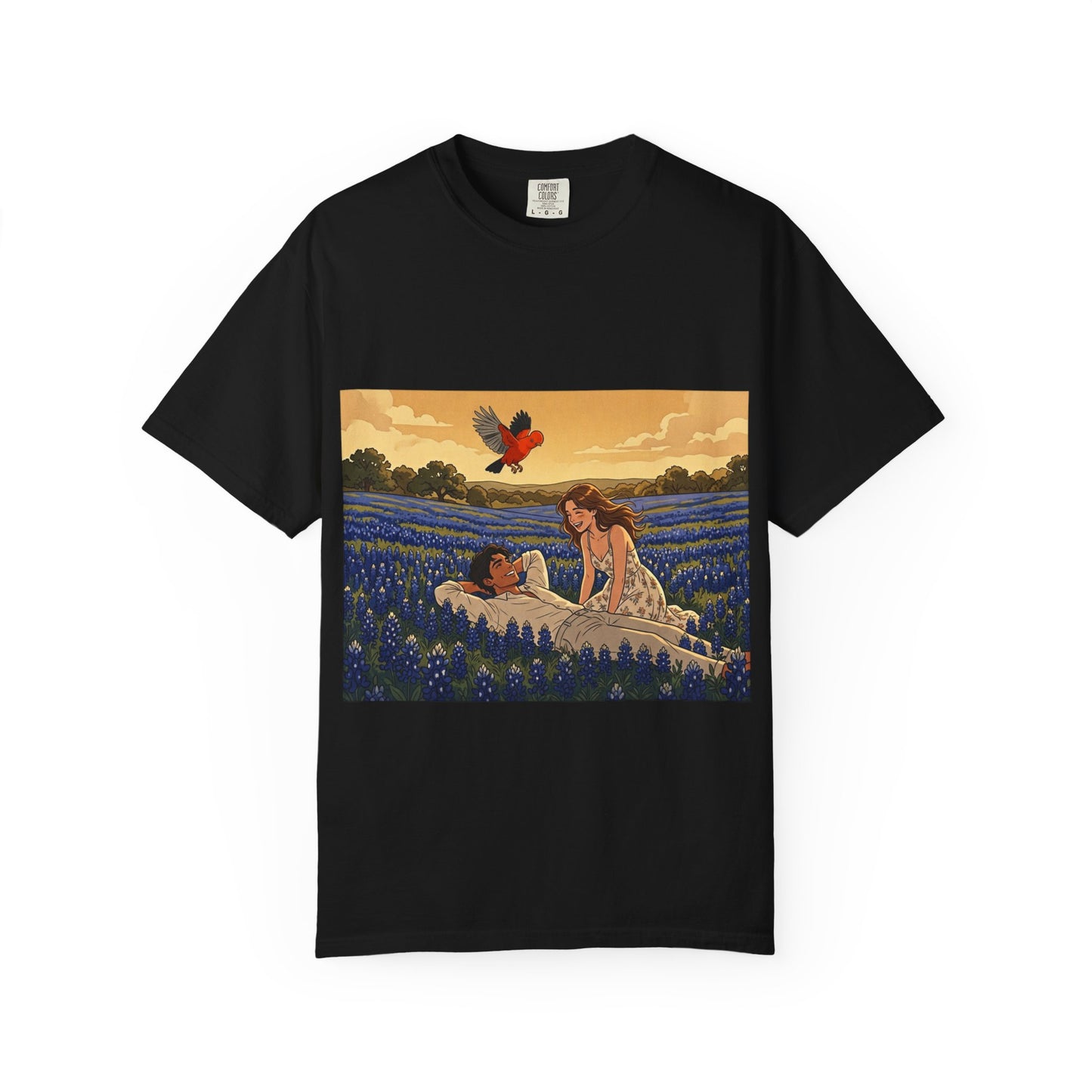 Romantic Bluebonnet Field T-Shirt — Couple in Wildflower Meadow Art Tee