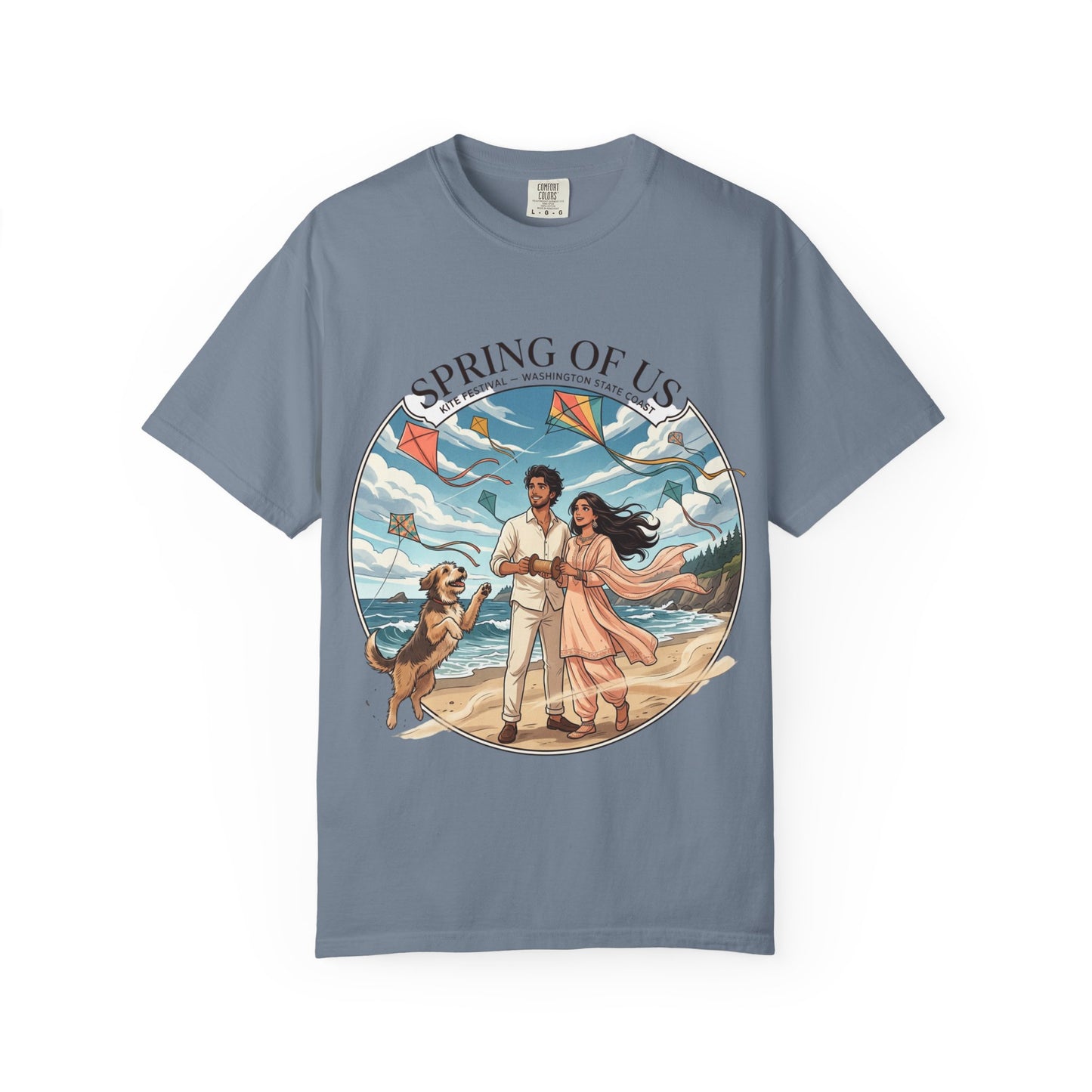 Spring of Us T-Shirt — Romantic Beach Couple Illustration with Dog