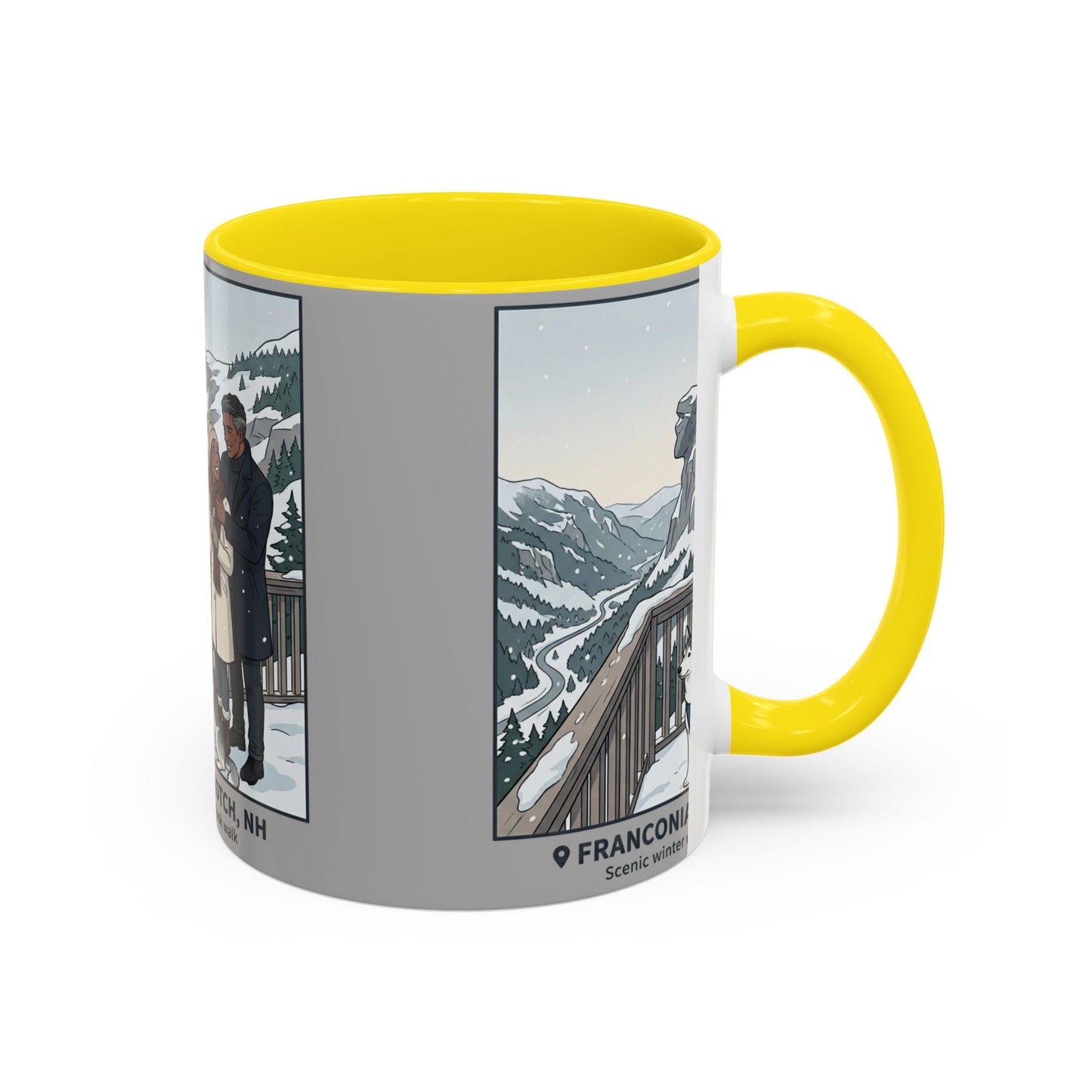 Franconia Notch Scenic Winter Mug — Couples & Dog Snowy Overlook Coffee Cup (11/15oz)