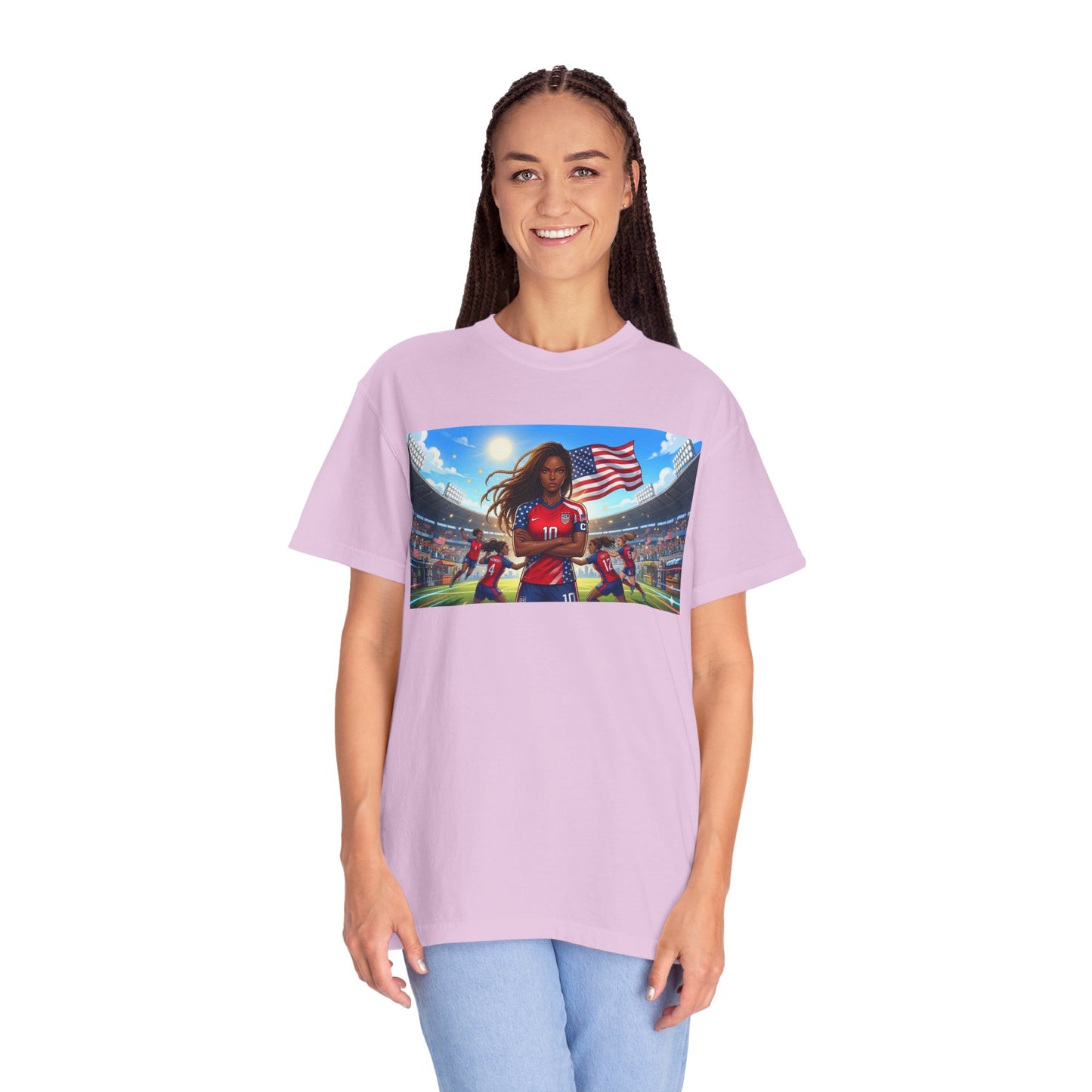 Soccer Mom USA T-Shirt — Female Soccer Player with American Flag Stadium Graphic