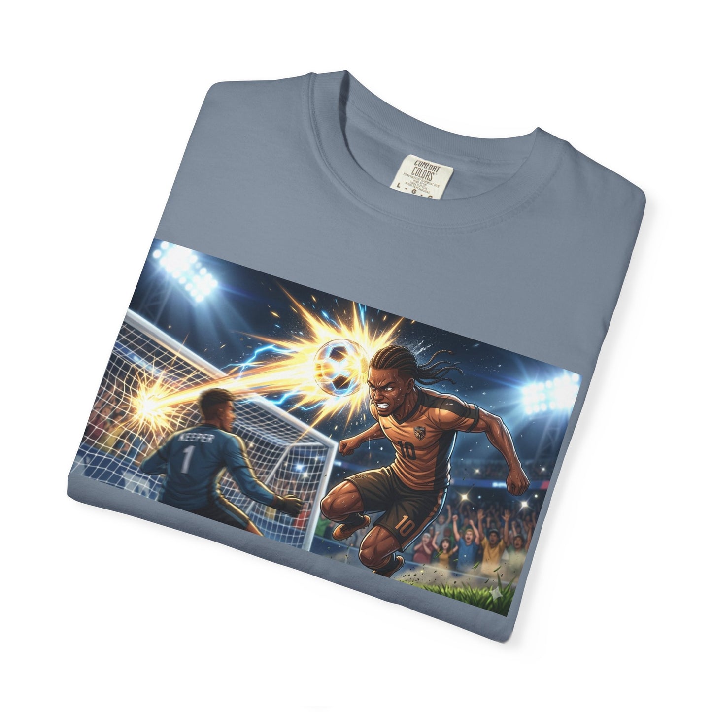 Soccer Goal Celebration T-Shirt — Action Football Scene Graphic Tee