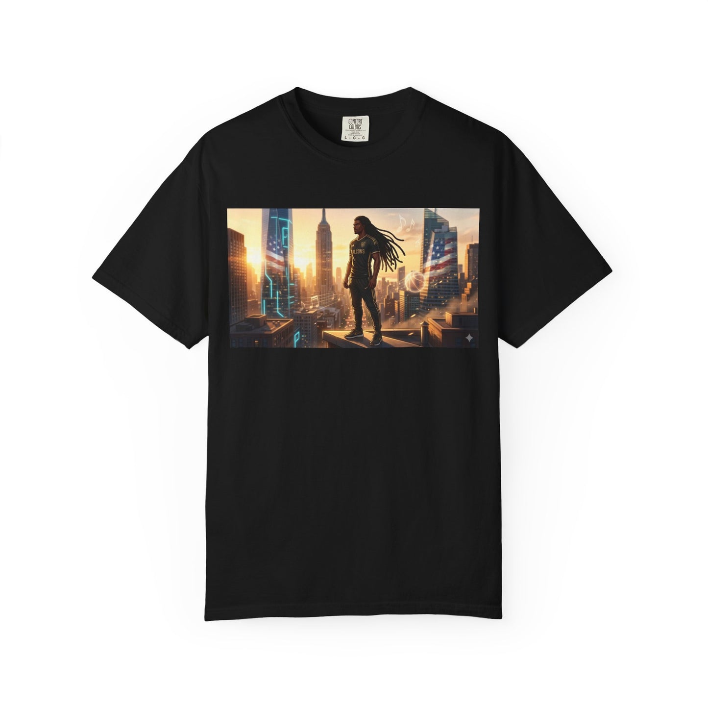 Cyberpunk Cityscape T-Shirt — Silhouette Hero at Sunset