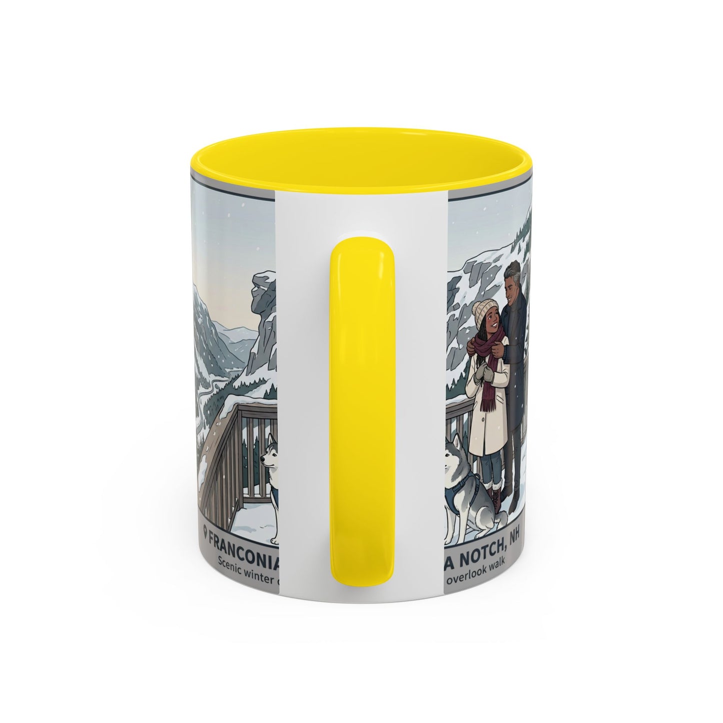 Franconia Notch Scenic Winter Mug — Couples & Dog Snowy Overlook Coffee Cup (11/15oz)
