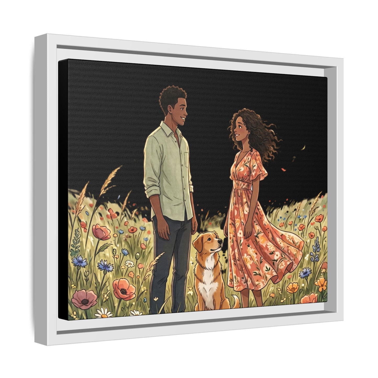 Framed Matte Canvas Print — Romantic Couple in Wildflower Field (Multi‑Color)