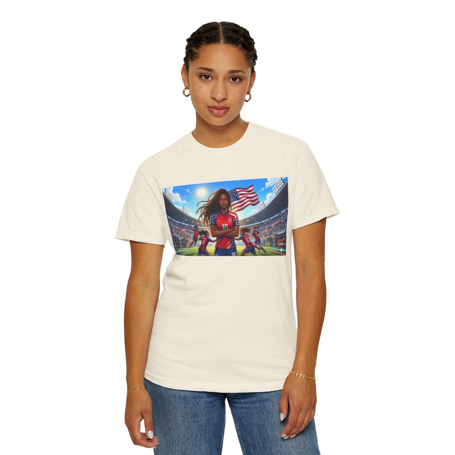 Soccer Mom USA T-Shirt — Female Soccer Player with American Flag Stadium Graphic