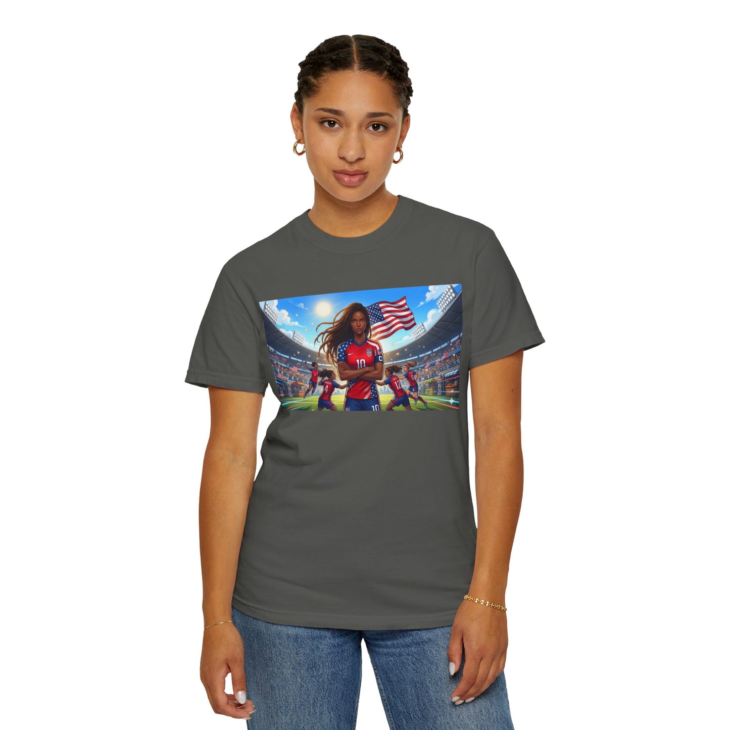 Soccer Mom USA T-Shirt — Female Soccer Player with American Flag Stadium Graphic