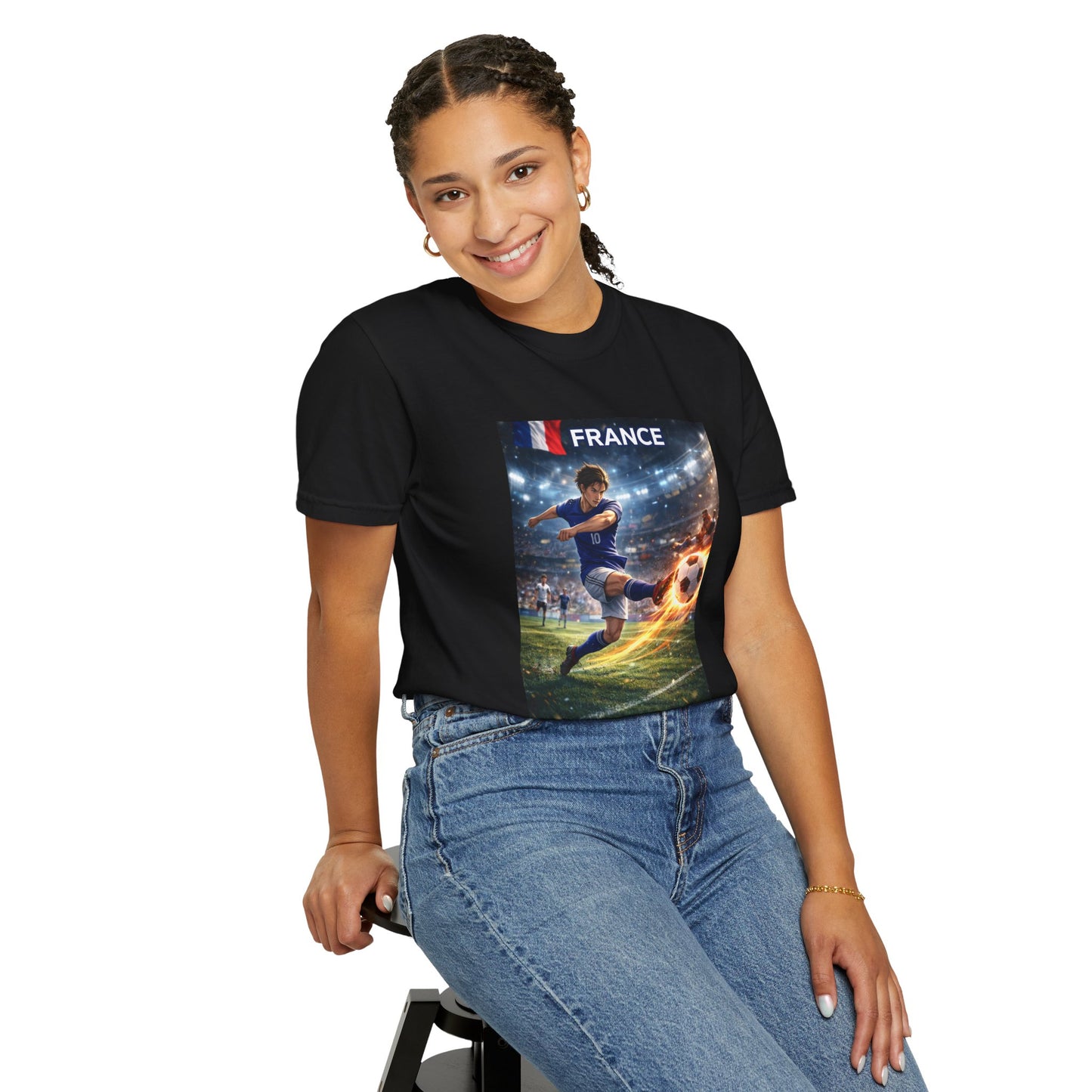 France Soccer Player Graphic T-Shirt — Football Kick Stadium Design