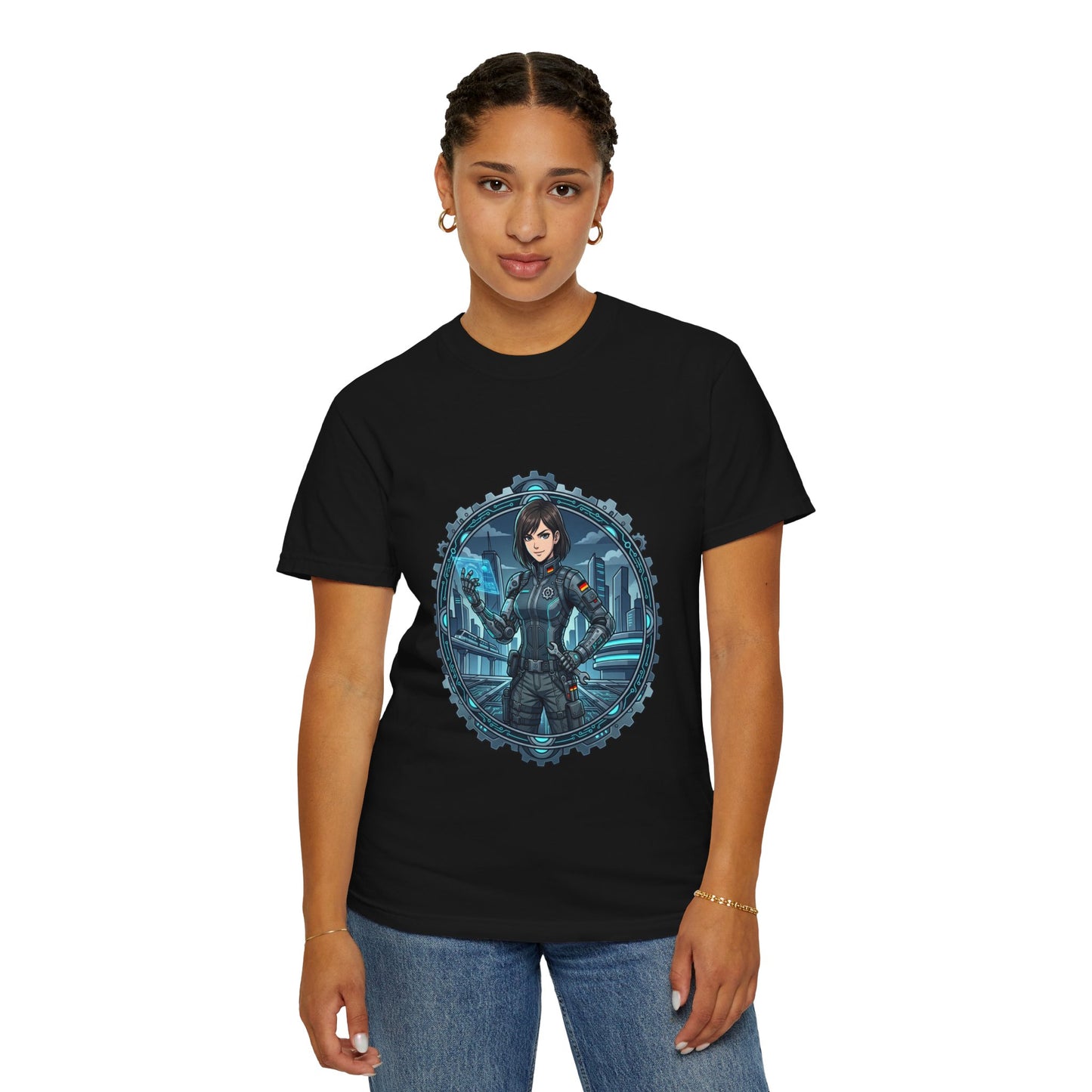 Cyber Ninja Graphic T-Shirt — Futuristic Female Warrior Illustration