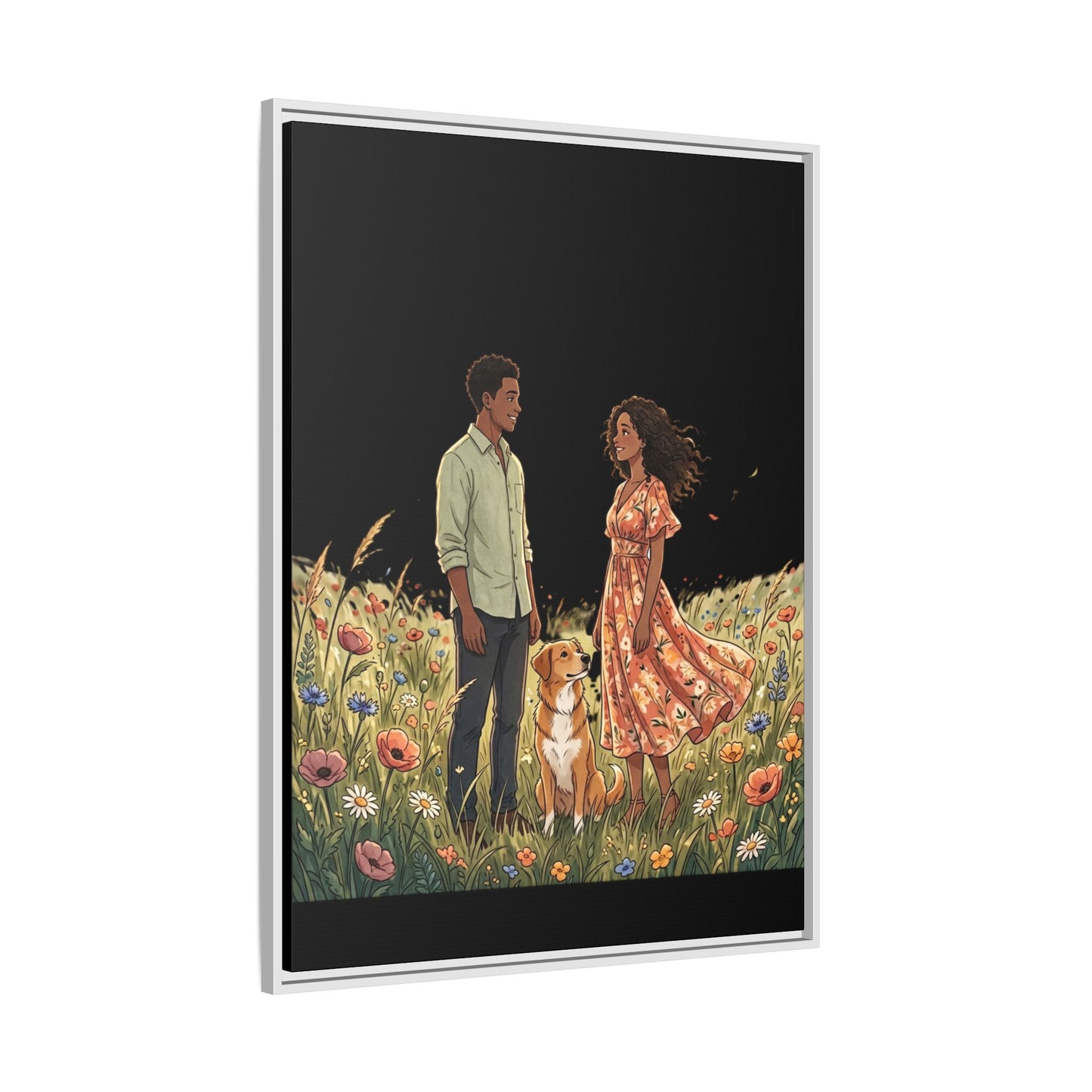 Framed Matte Canvas Print — Romantic Couple in Wildflower Field (Multi‑Color)