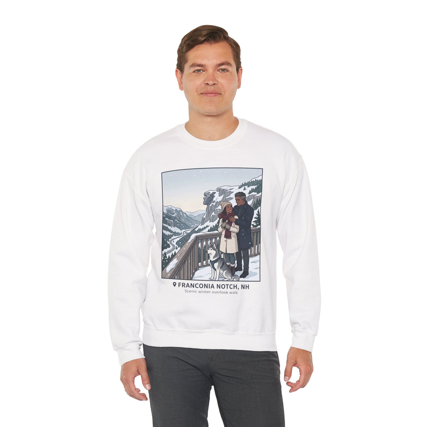 Crewneck Sweatshirt — Franconia Notch Winter Couple Scenic Graphic