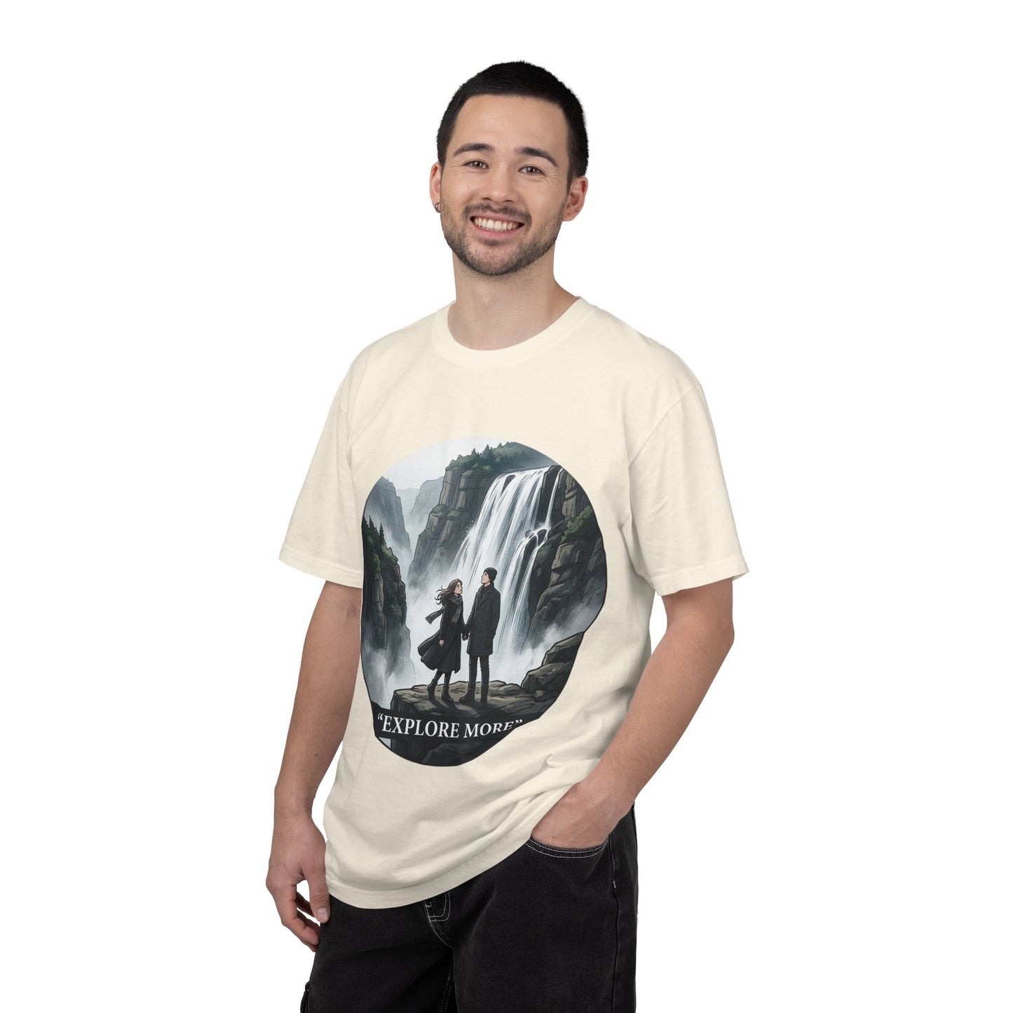 Explore More T-Shirt — Adventure Graphic Tee with Waterfall Scene