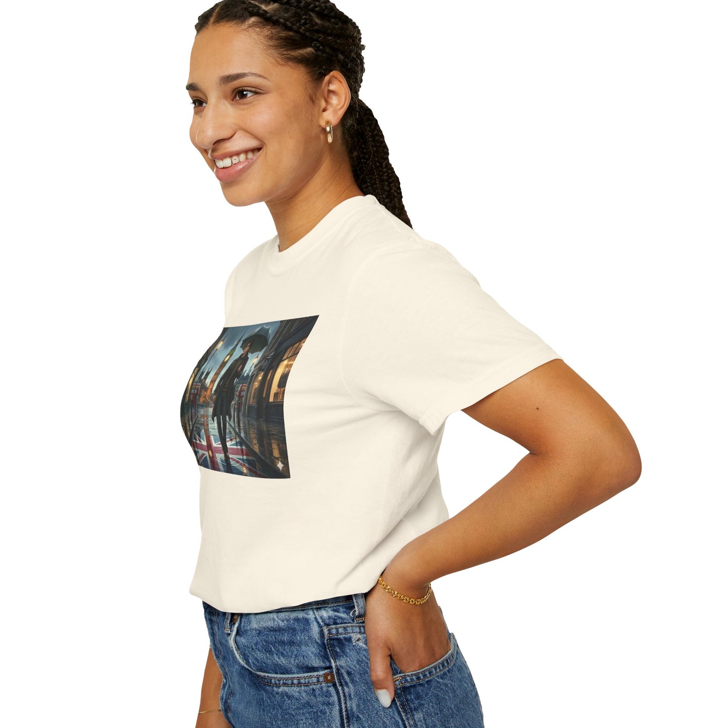 T-Shirt — Rainy London Street Scene Graphic Tee (Big Ben, Umbrella, Night Cityscape)