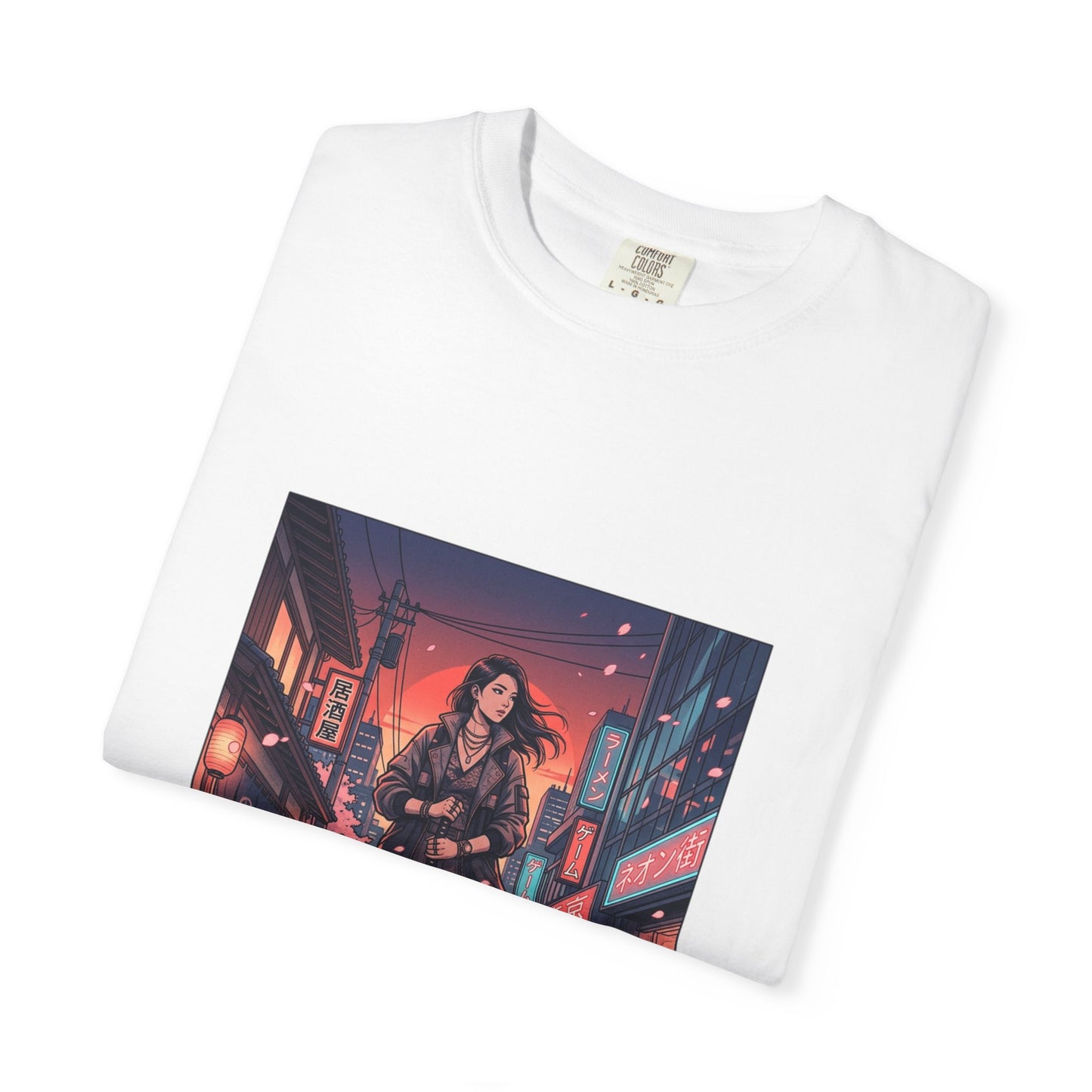 Cyberpunk Night Streets T‑Shirt — Neon Samurai Girl Graphic Tee