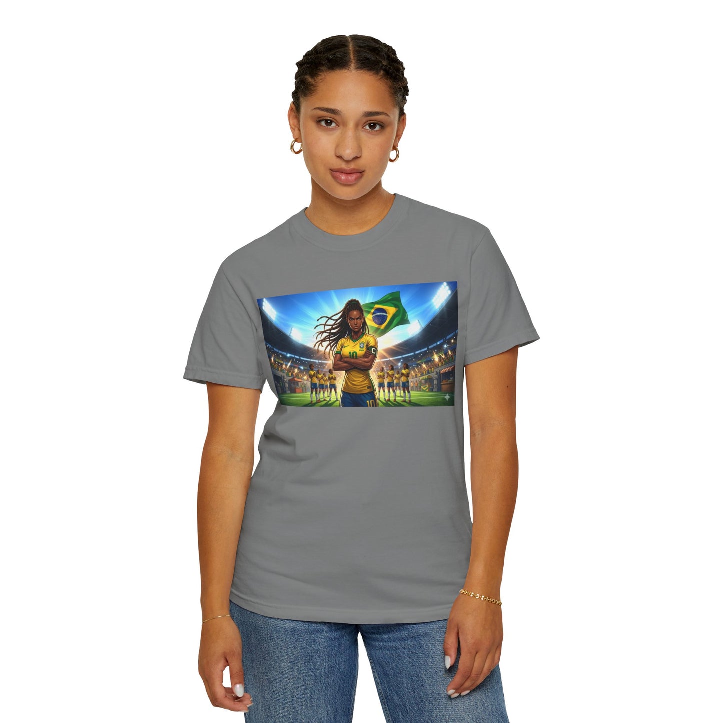 Brazil Soccer Captain T-Shirt — Player Holding Ball with Brazilian Flag Stadium Graphic