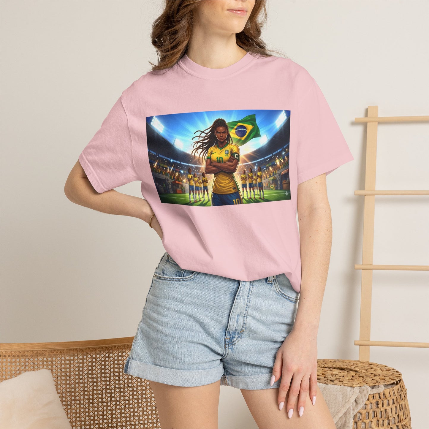 Brazil Soccer Captain T-Shirt — Player Holding Ball with Brazilian Flag Stadium Graphic