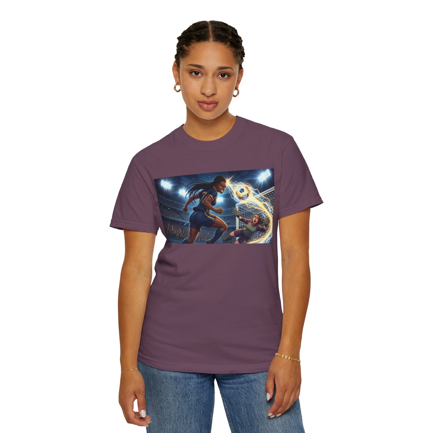 Soccer Duel Graphic T-Shirt — Futuristic Goalkeeper vs Striker Stadium Print
