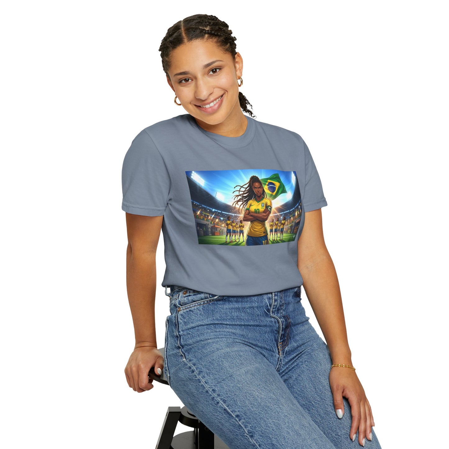 Brazil Soccer Captain T-Shirt — Player Holding Ball with Brazilian Flag Stadium Graphic