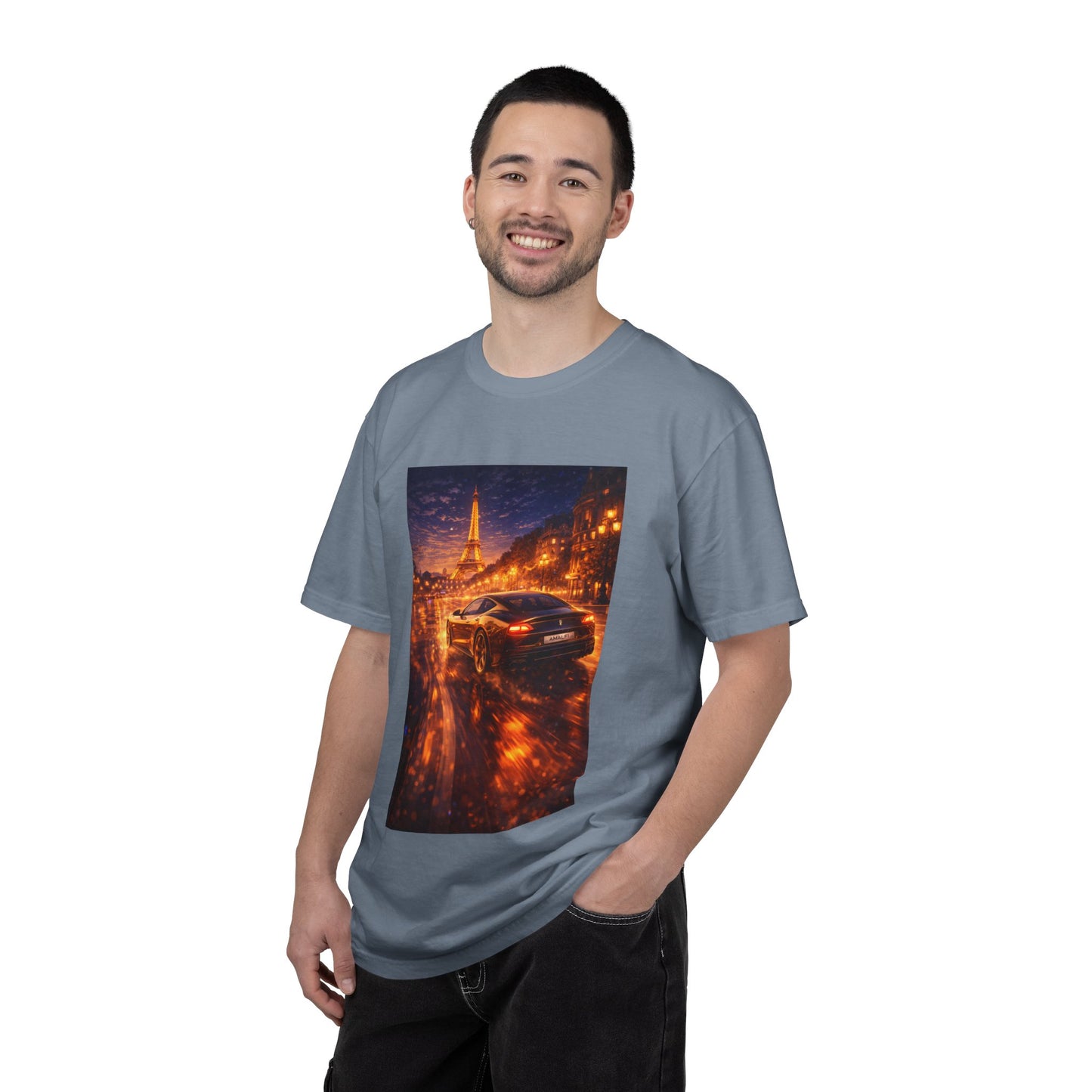 Paris Night Drive T-Shirt — Sports Car in Rainy Cityscape