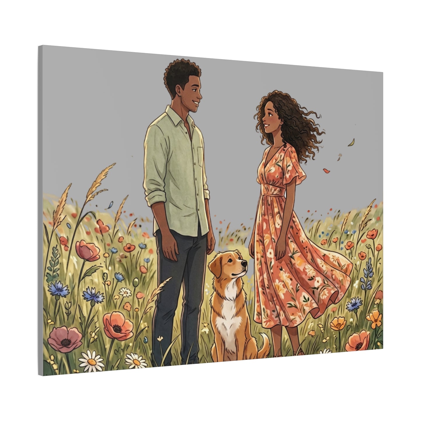 Romantic Couple in Wildflower Field Canvas Art — Black Love Wall Decor with Dog