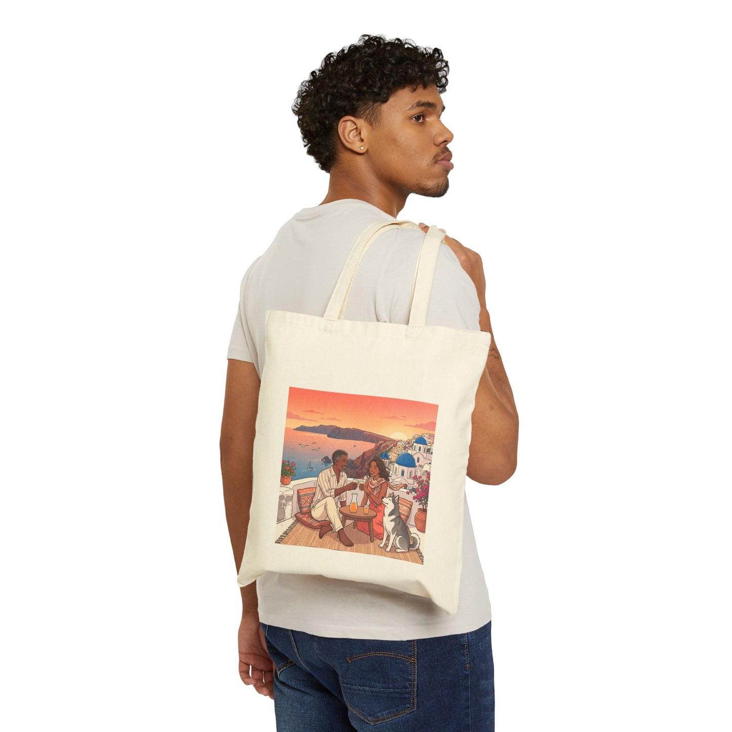 Santorini Sunset Beach Tote — Romantic Couple & Dog Canvas Bag