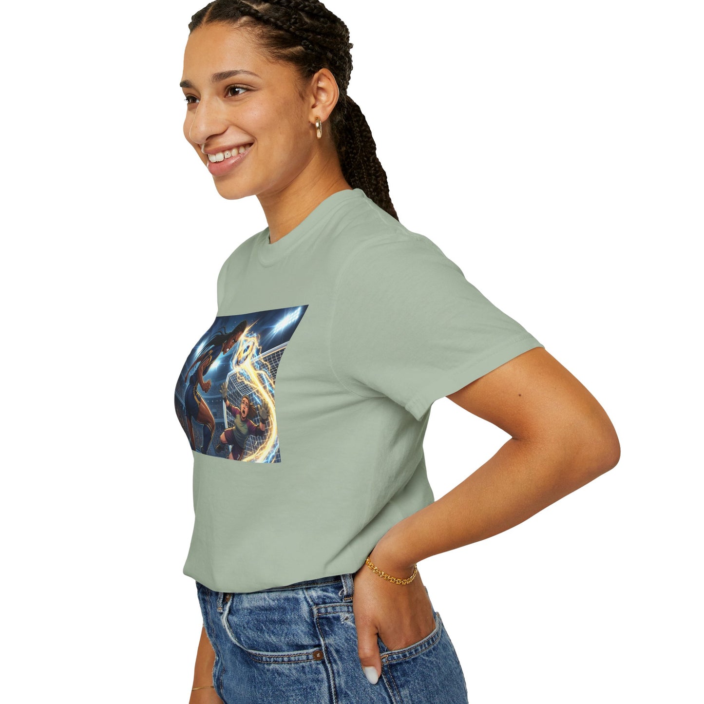 Soccer Duel Graphic T-Shirt — Futuristic Goalkeeper vs Striker Stadium Print
