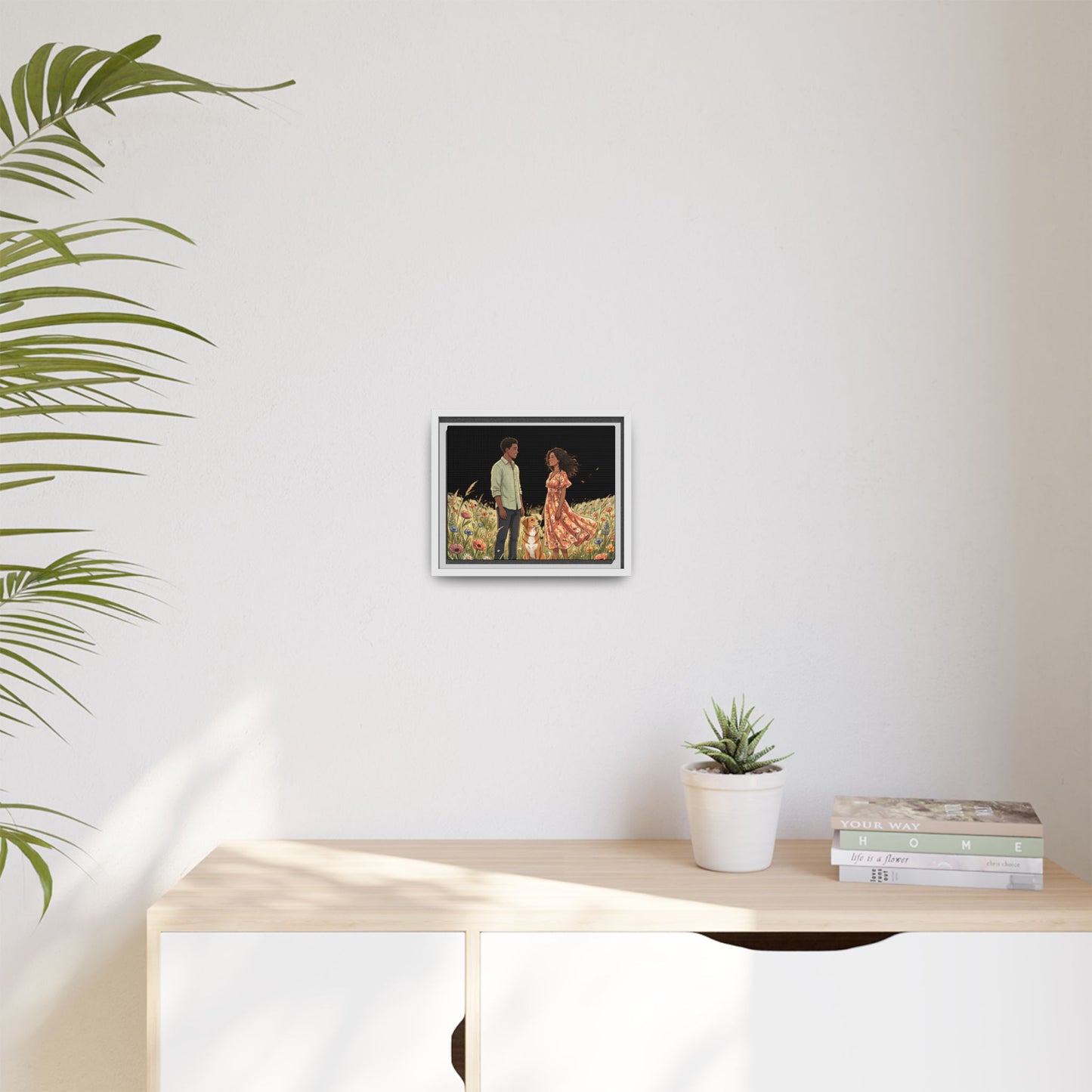 Framed Matte Canvas Print — Romantic Couple in Wildflower Field (Multi‑Color)