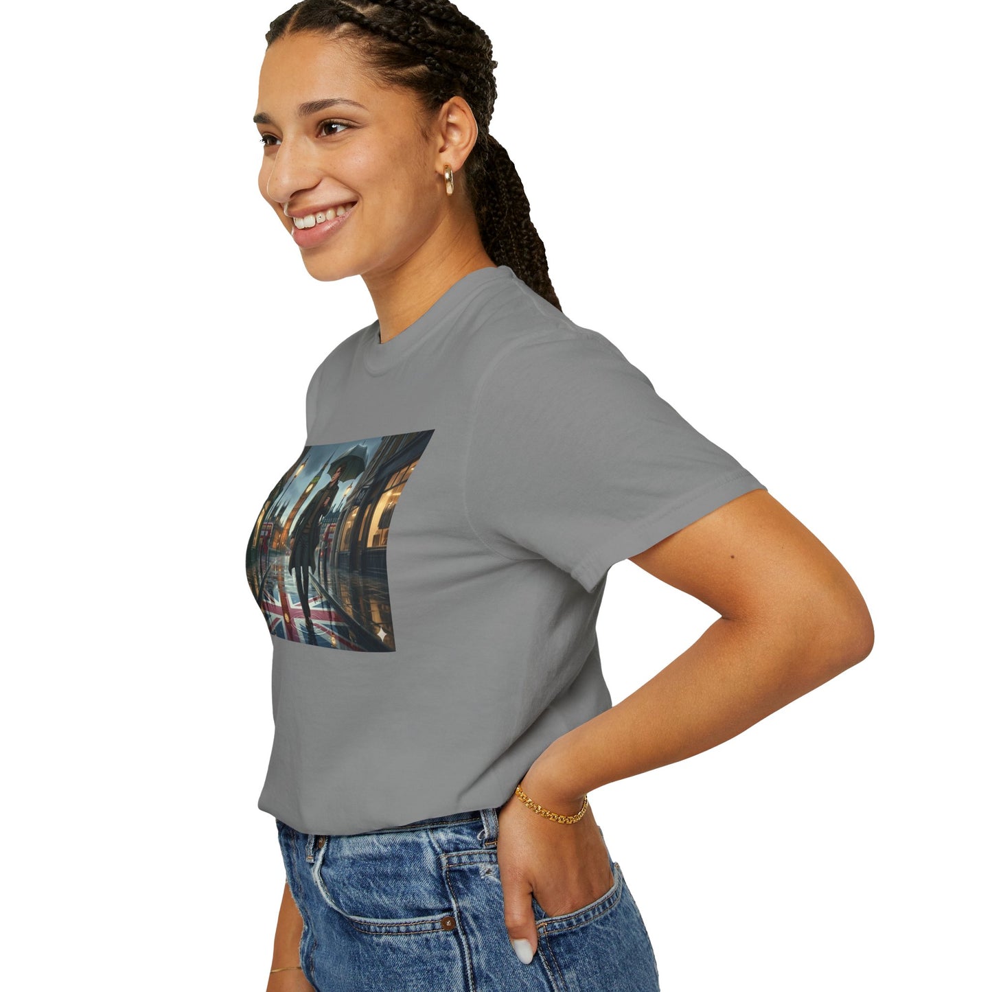 T-Shirt — Rainy London Street Scene Graphic Tee (Big Ben, Umbrella, Night Cityscape)