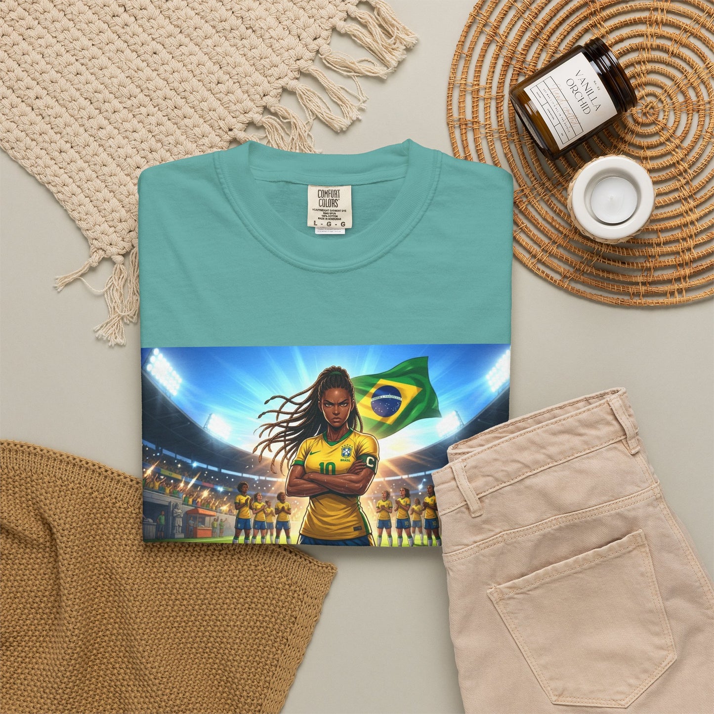 Brazil Soccer Captain T-Shirt — Player Holding Ball with Brazilian Flag Stadium Graphic