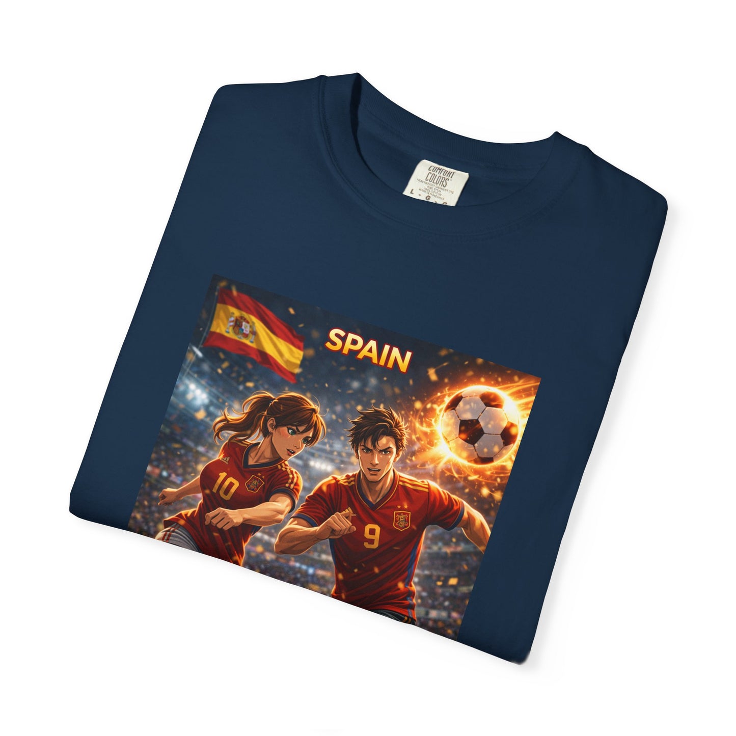 Spain Soccer Graphic T-Shirt — Retro Match Scene with Flag