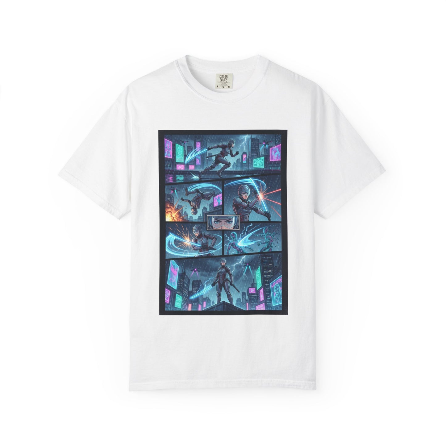 Cyberpunk Girl Samurai T-Shirt — Neon Manga Panel Graphic Tee