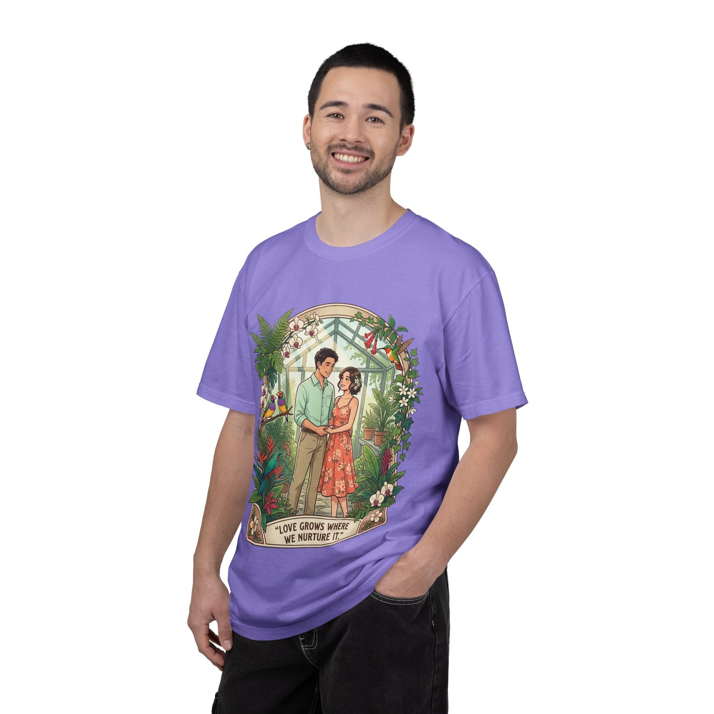Romantic Greenhouse Couples T-Shirt — “Love Grows Where We Nurture It”
