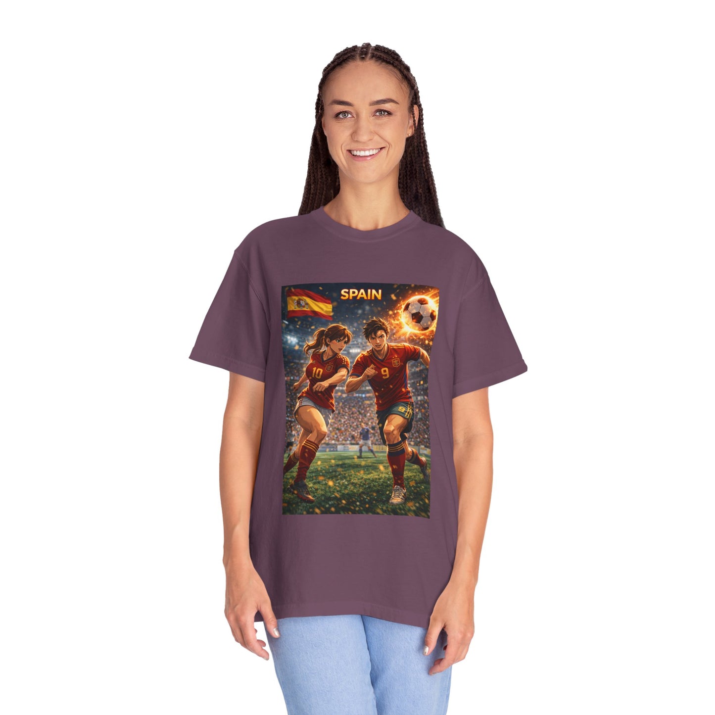Spain Soccer Graphic T-Shirt — Retro Match Scene with Flag