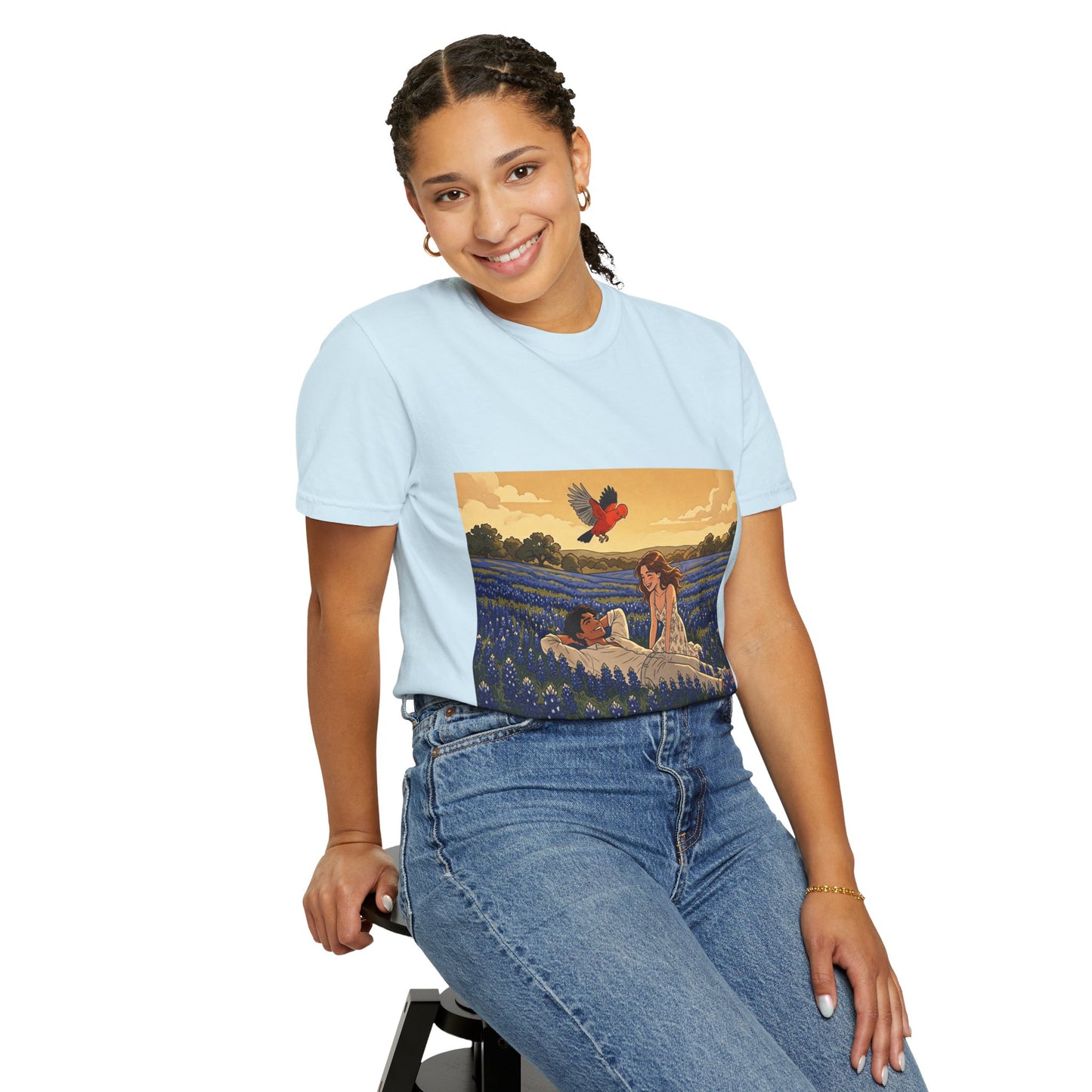 Romantic Bluebonnet Field T-Shirt — Couple in Wildflower Meadow Art Tee