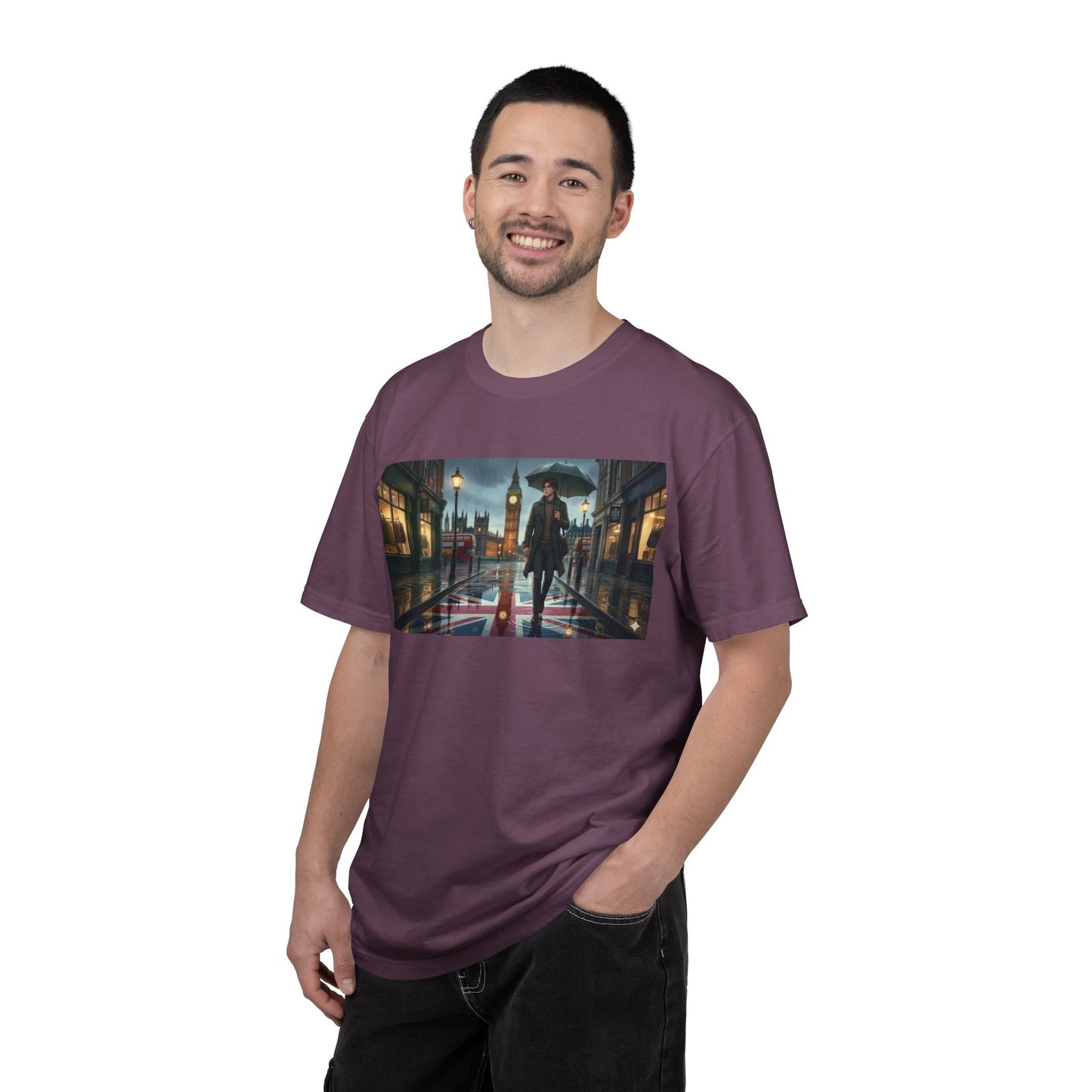 T-Shirt — Rainy London Street Scene Graphic Tee (Big Ben, Umbrella, Night Cityscape)