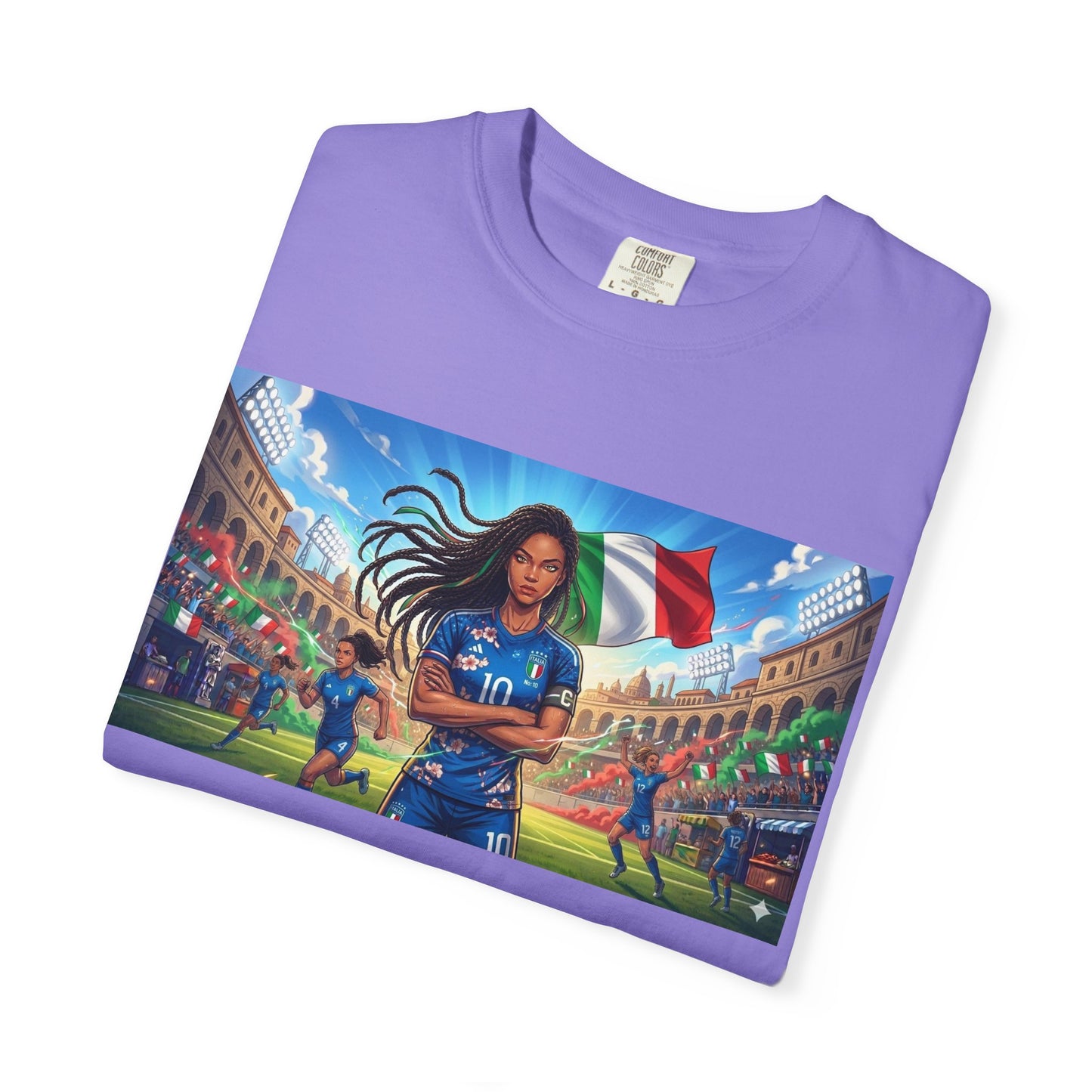 Italian Soccer Fan T‑Shirt – Inspirational Female Player with Italy Flag Stadium Print