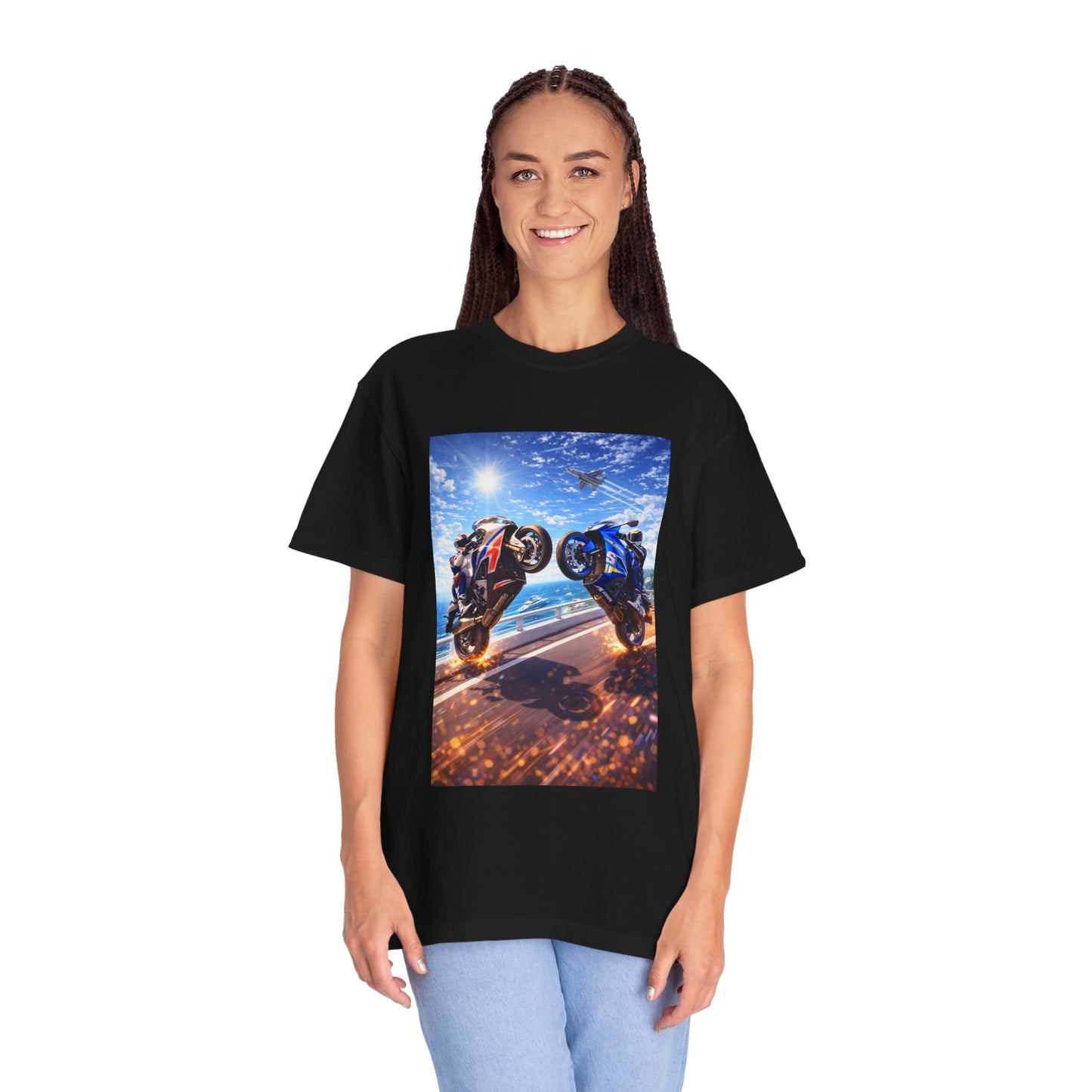 Stunt Riders Motorcycle T-Shirt — Two Bike Wheelie Racing Graphic Tee