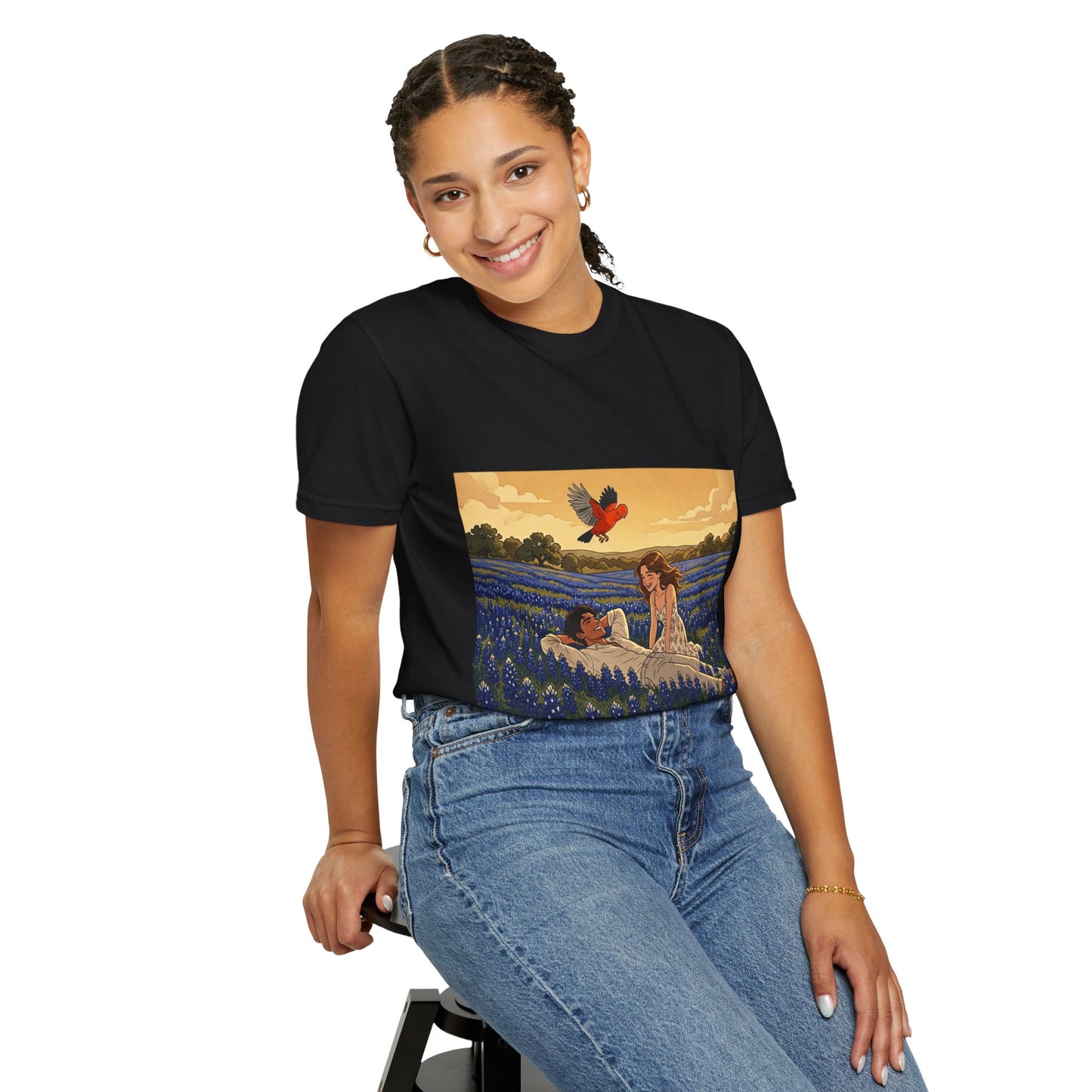 Romantic Bluebonnet Field T-Shirt — Couple in Wildflower Meadow Art Tee