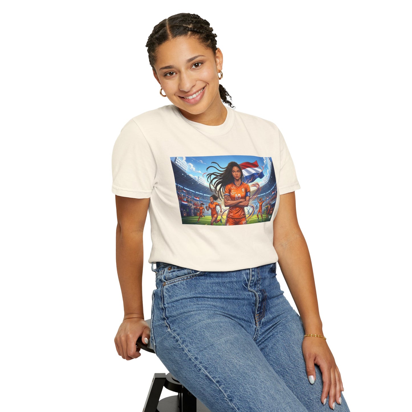 Soccer Warrior T-Shirt — Netherlands Female Captain with Flag Stadium Graphic