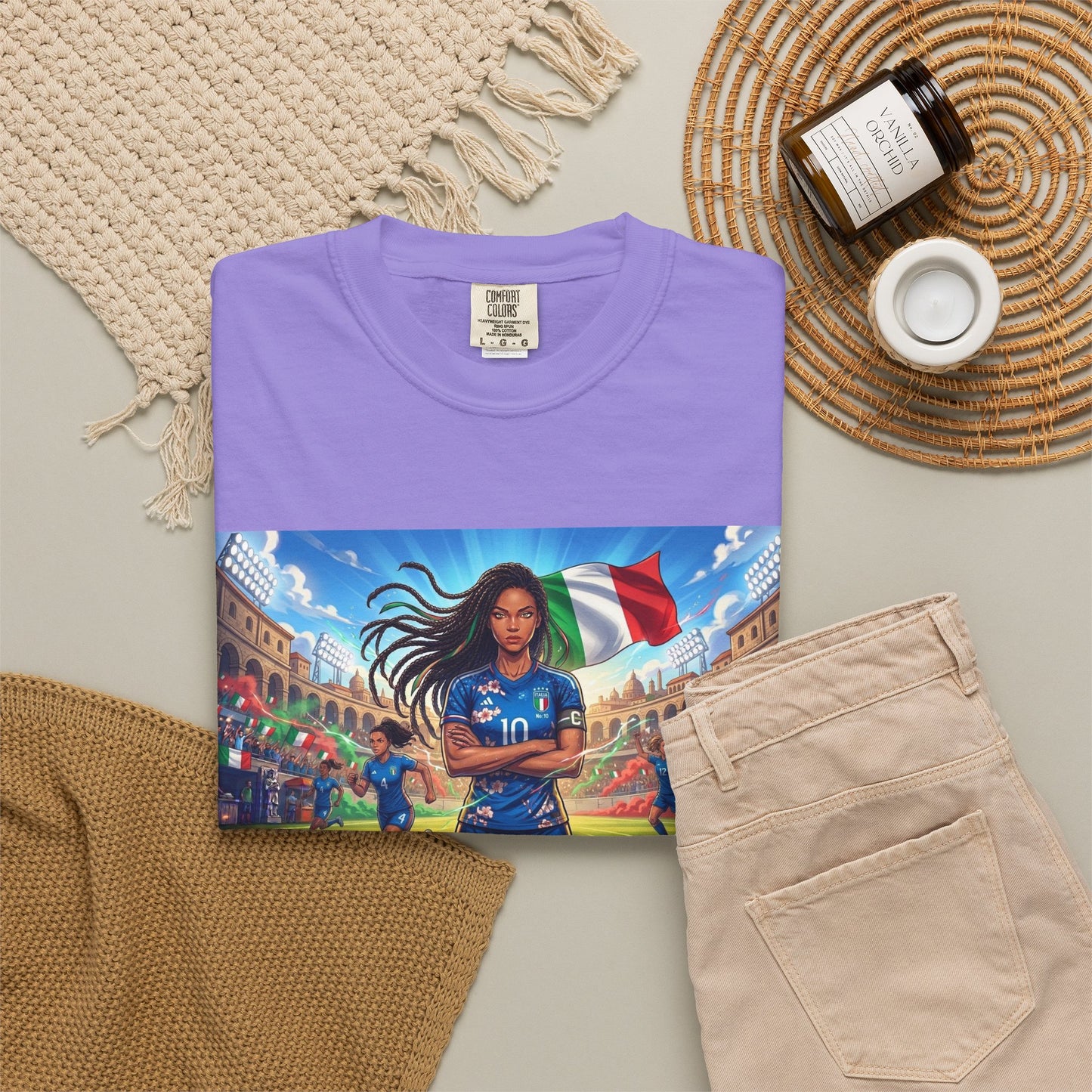 Italian Soccer Fan T‑Shirt – Inspirational Female Player with Italy Flag Stadium Print